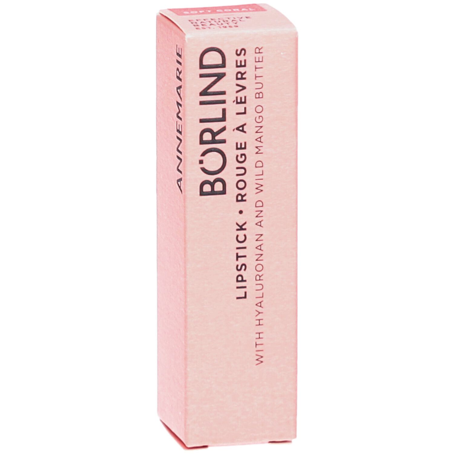 BÖRLIND lippenstiftverpakking. Roze doos met productinformatie. Opschrift: ANNEMARIE BÖRLIND. SOFT CORAL.
