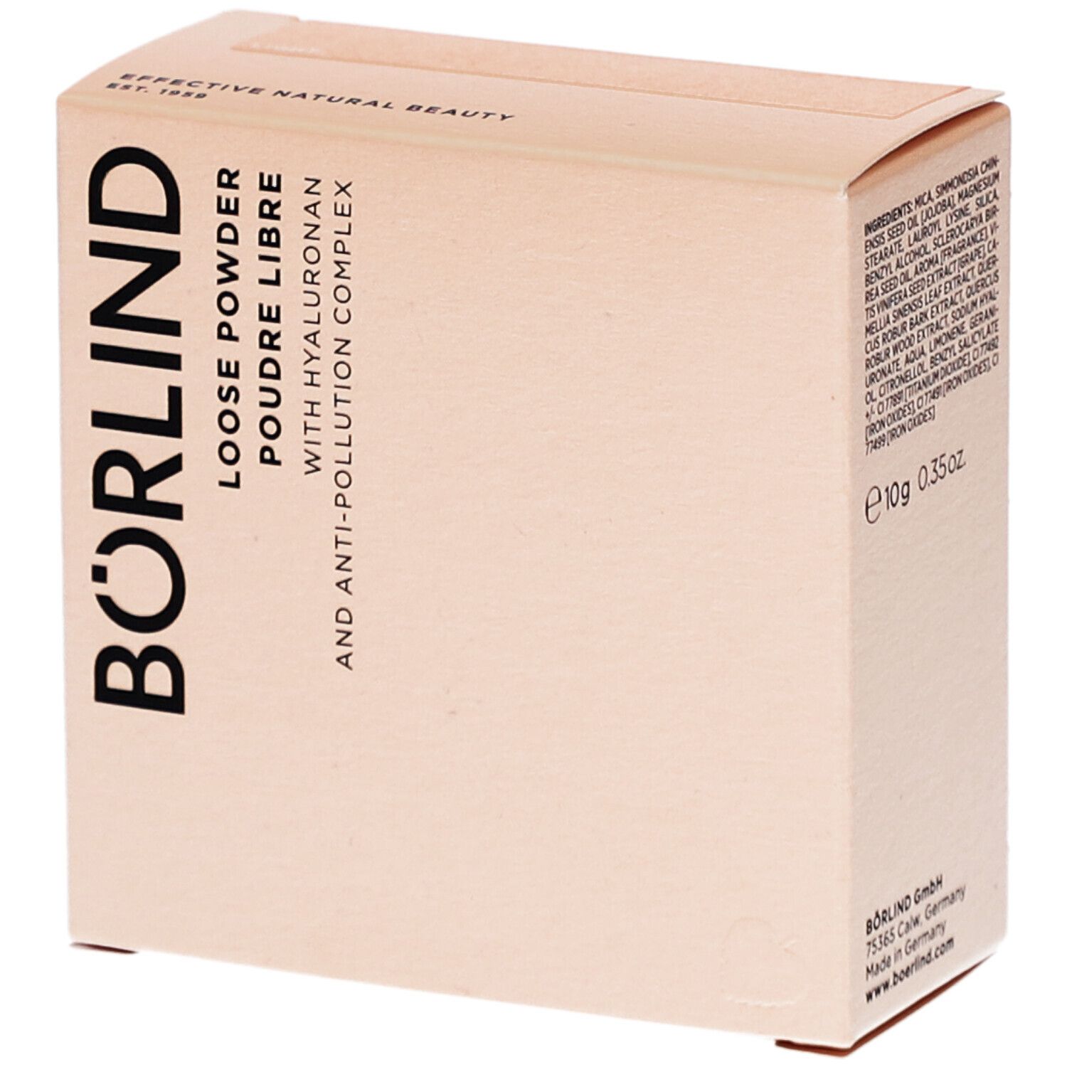 Boîte beige avec inscription BÖRLIND, LOOSE POWDER, POUDRE LIBRE, avec Hyaluron et Anti-Pollution Complex.