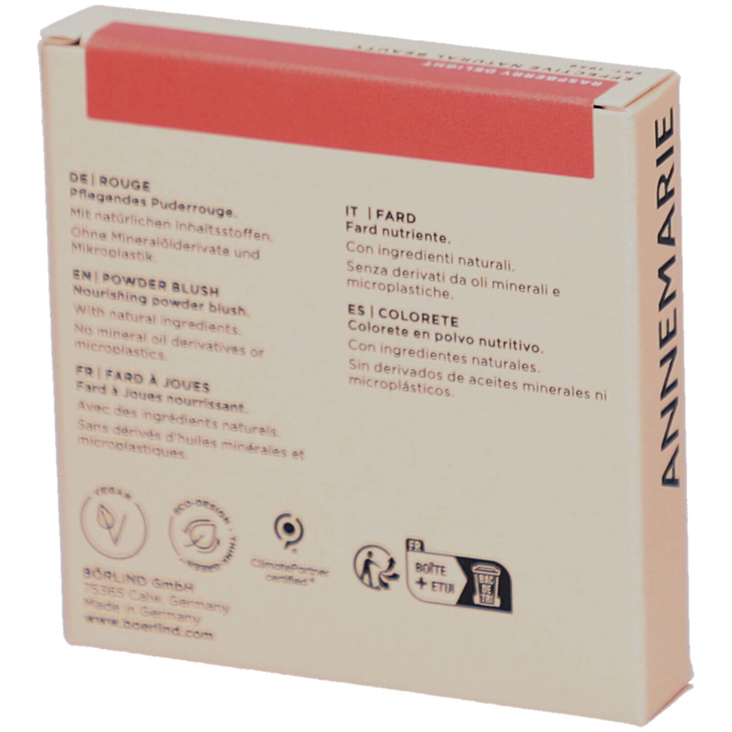 Achterkant van de kartonnen verpakking. Tekst in het Duits, Engels, Frans en Italiaans. Logo's en certificeringen.