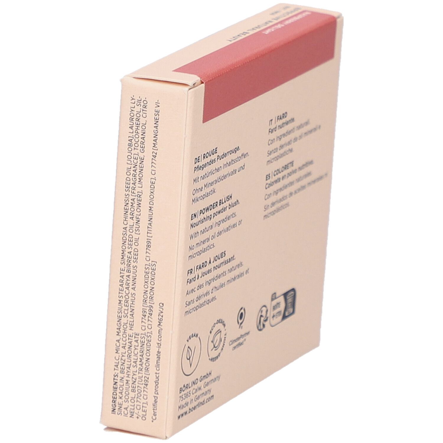 Schuinstaande kartonnen verpakking. Achterkant met ingrediënten en meertalige tekst. Logo's.