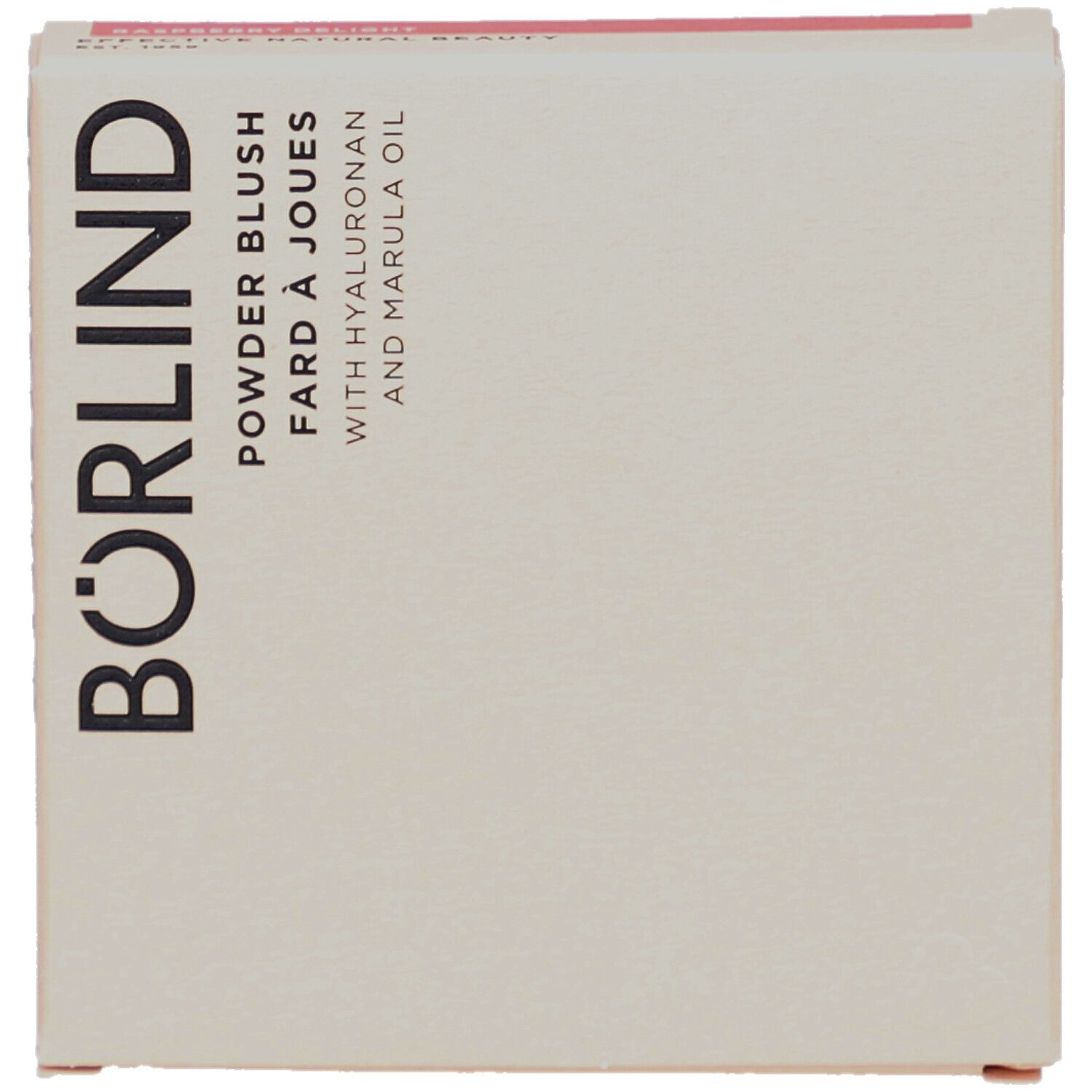 Kartonnen verpakking, bovenaanzicht. Opschrift: BÖRLIND, Powder Blush, Fard à Joues, met Hyaluron en Marula-olie.