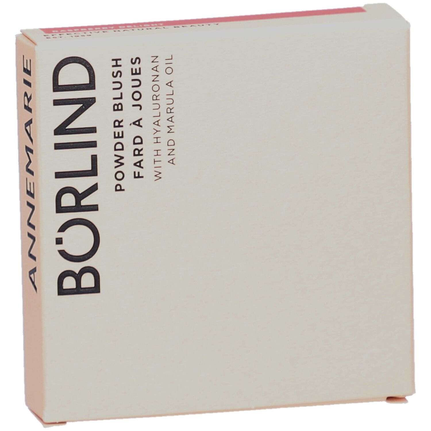 Kartonnen verpakking, licht schuin. Opschrift: ANNEMARIE BÖRLIND, Powder Blush, Fard à Joues, met Hyaluron en Marula-olie.