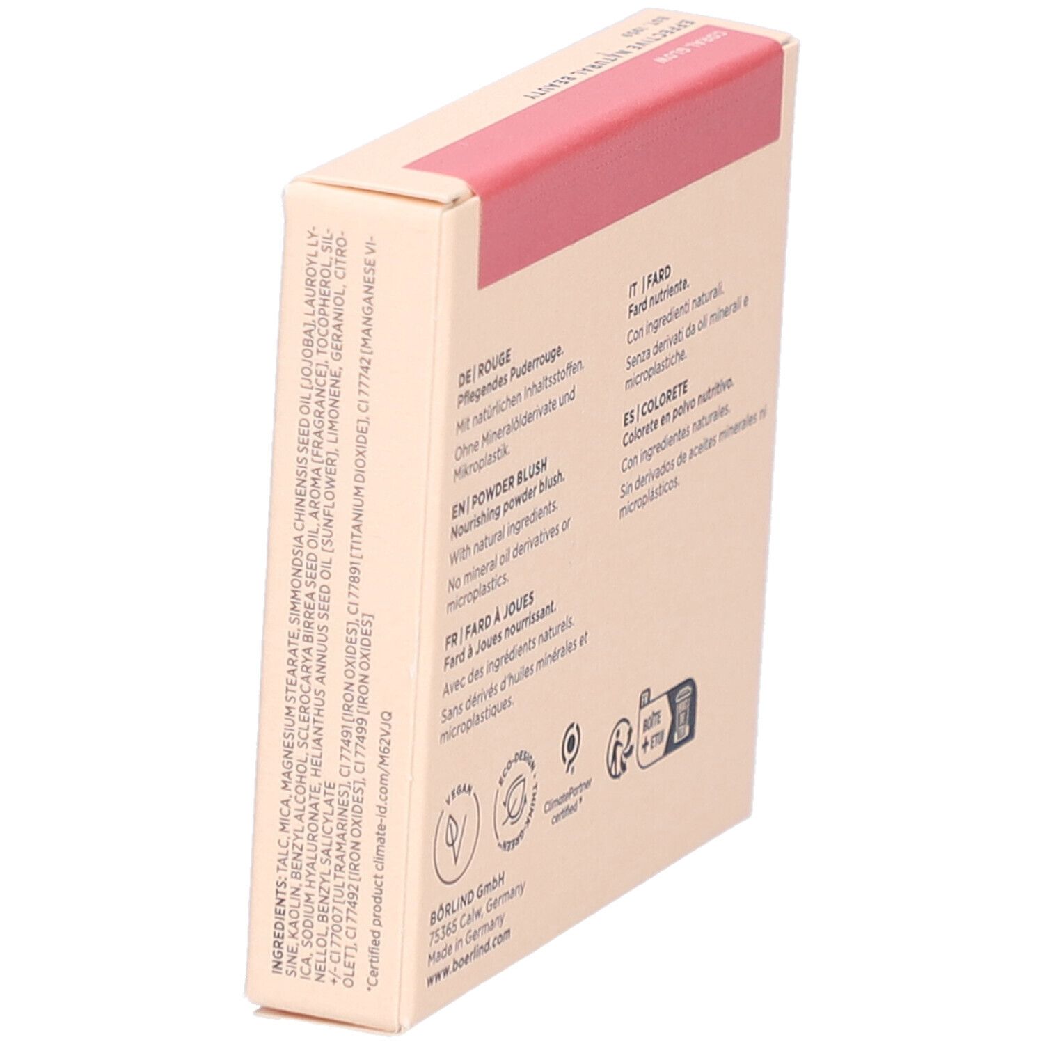 Boîte en carton avec ingrédients et texte en allemand, anglais, français, italien et espagnol. Logos : Vegan, Eco-Design, ClimatePartner.