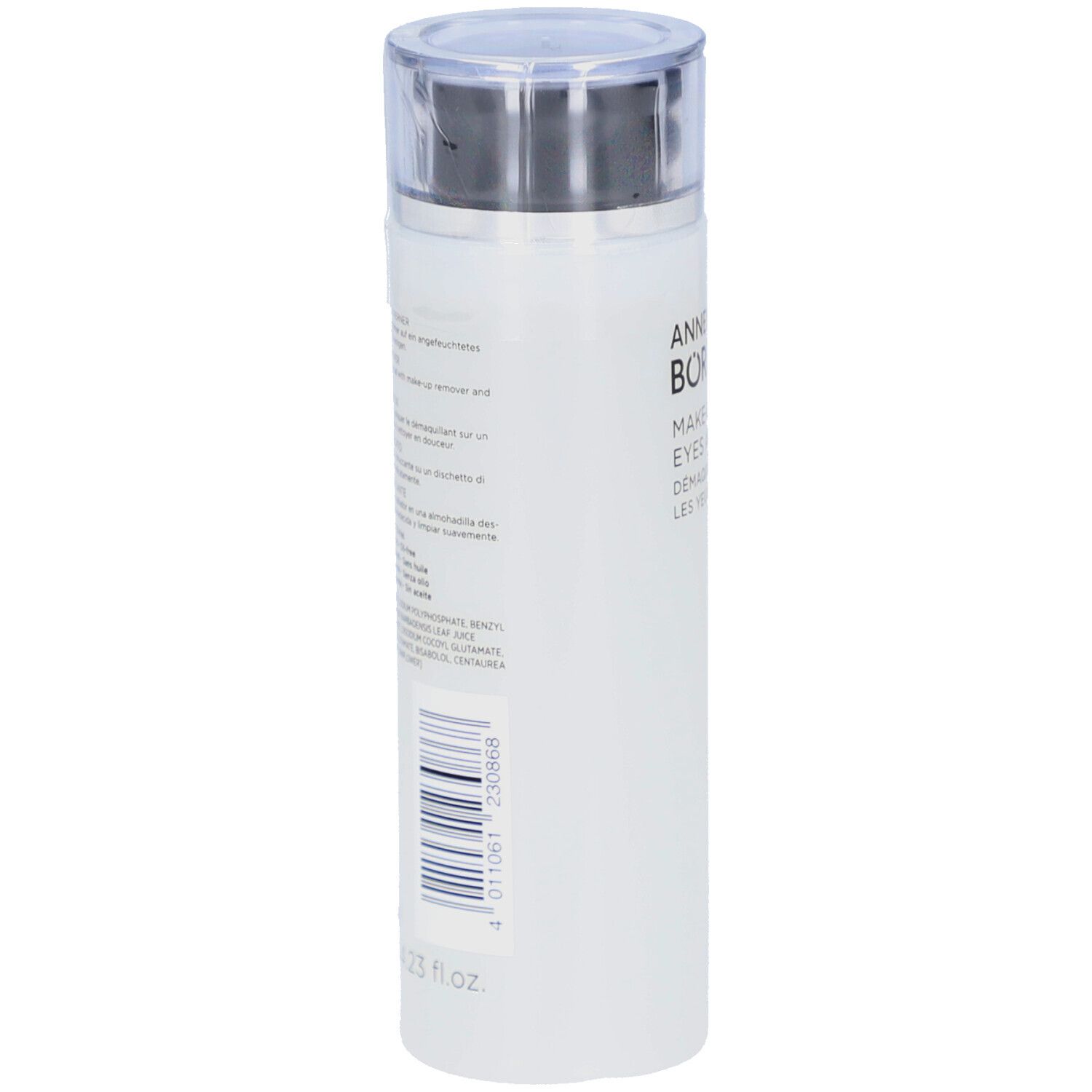 Flacon blanc avec bouchon argenté. Code-barres et texte au dos. Nom du produit non visible.