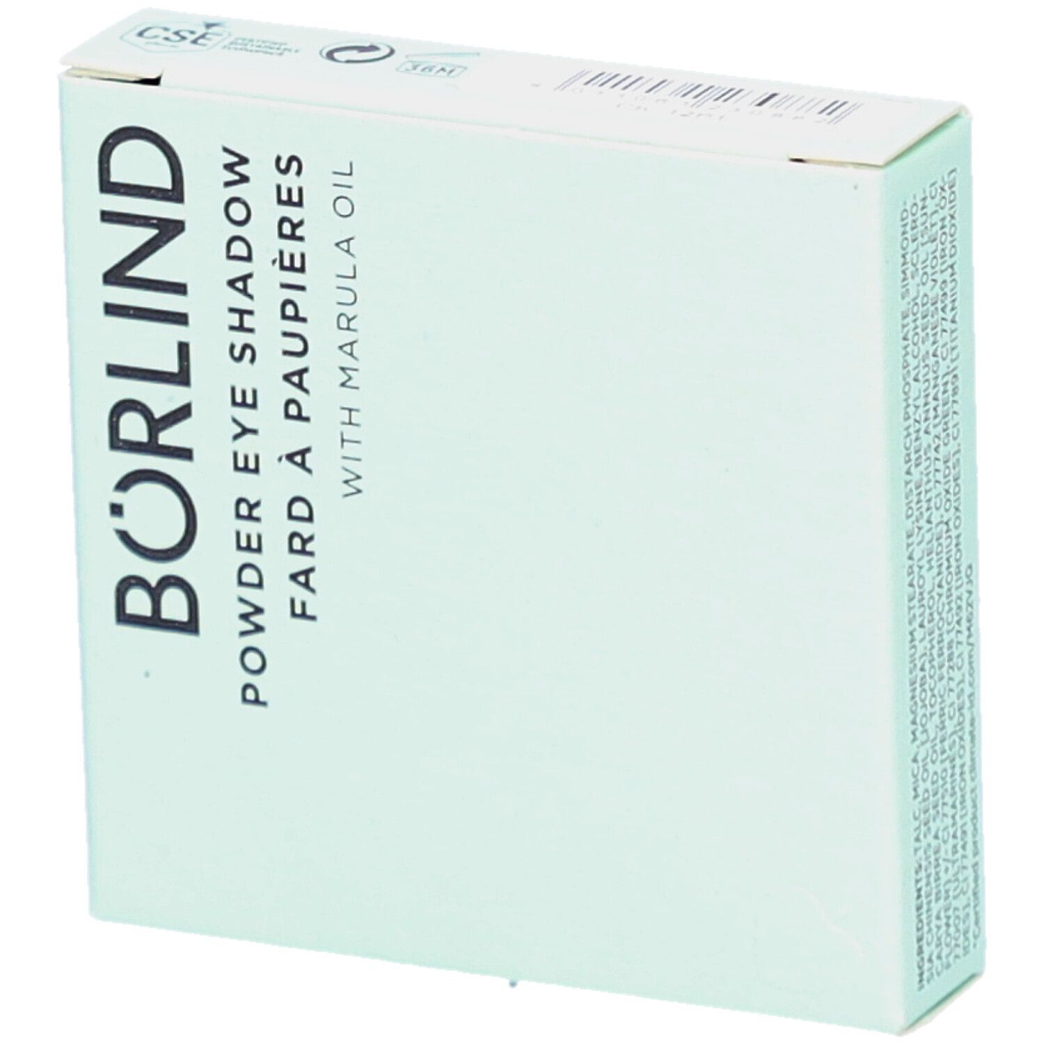 Boîte vert clair avec texte BÖRLIND. Désignation: Powder Eye Shadow. Avec huile de Marula. Forme carrée.