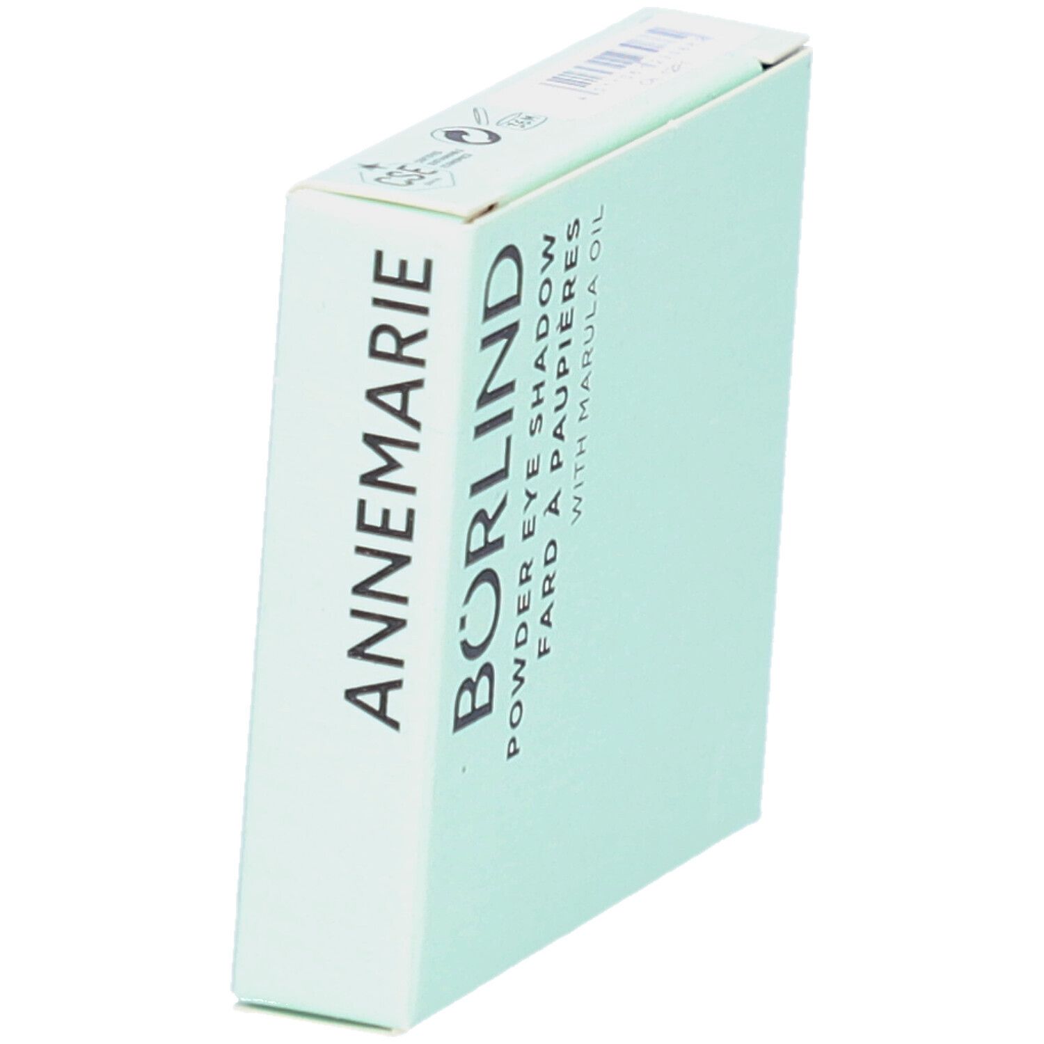 Boîte vert clair avec texte ANNEMARIE BÖRLIND. Désignation: Powder Eye Shadow. Forme carrée.