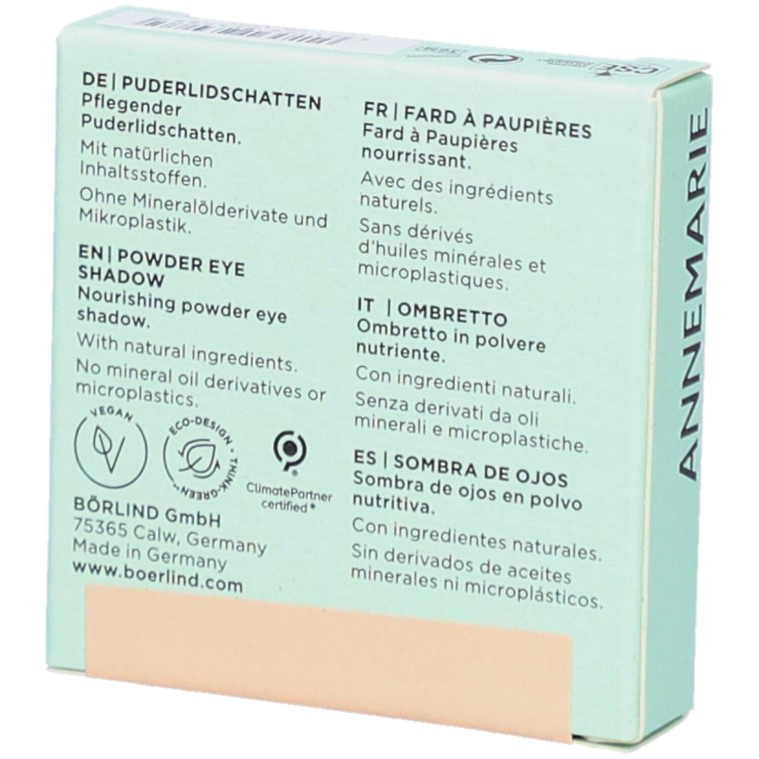 Dos de l'emballage. Texte en allemand, français, anglais, italien et espagnol. Logo vegan. Logo éco-design.