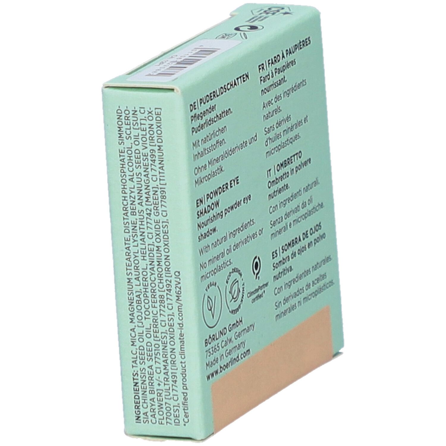 Dos de l'emballage. Ingrédients, texte en allemand, français, anglais, italien et espagnol. Logo vegan.