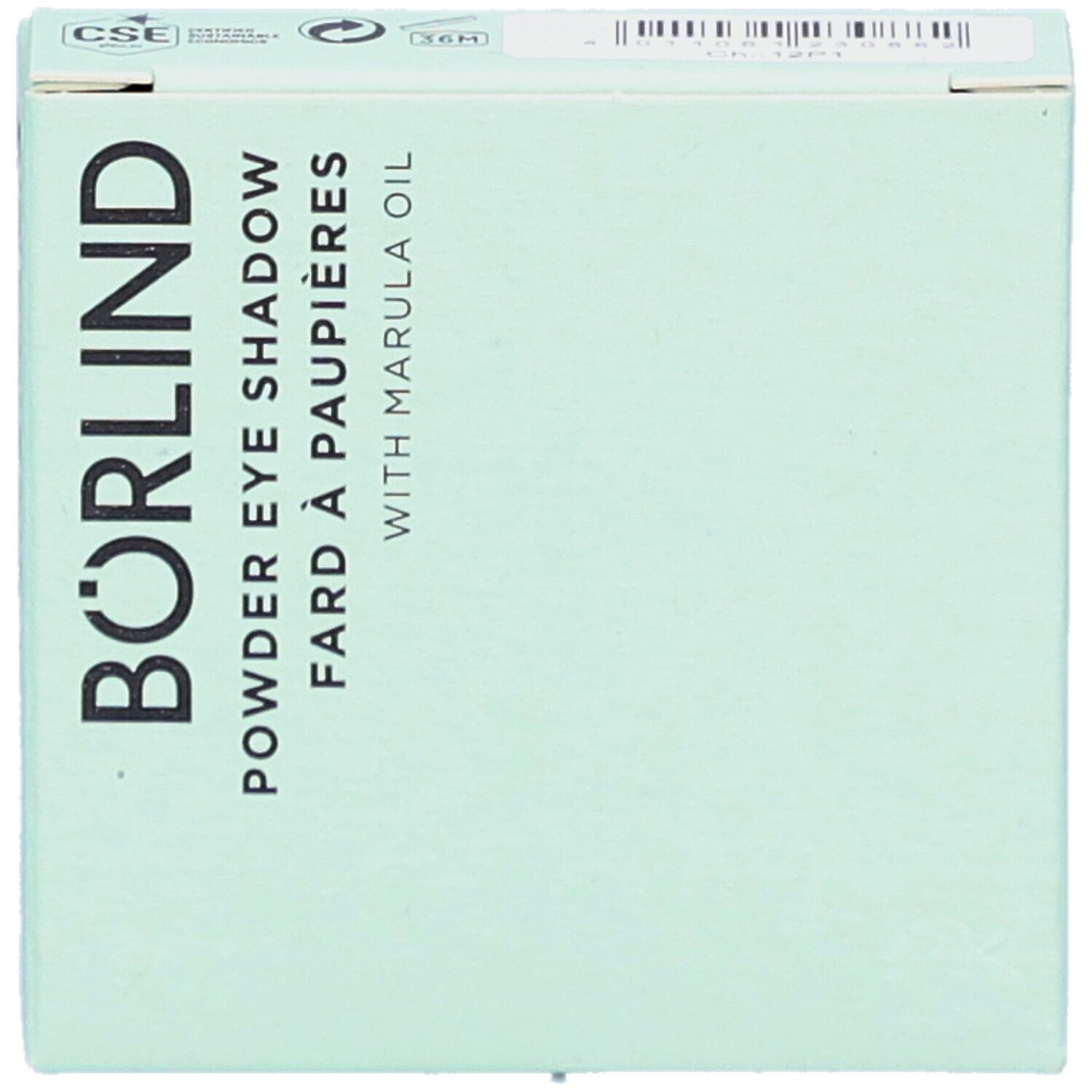 Boîte vert clair avec texte BÖRLIND. Désignation: Powder Eye Shadow. Avec huile de Marula. Forme carrée.