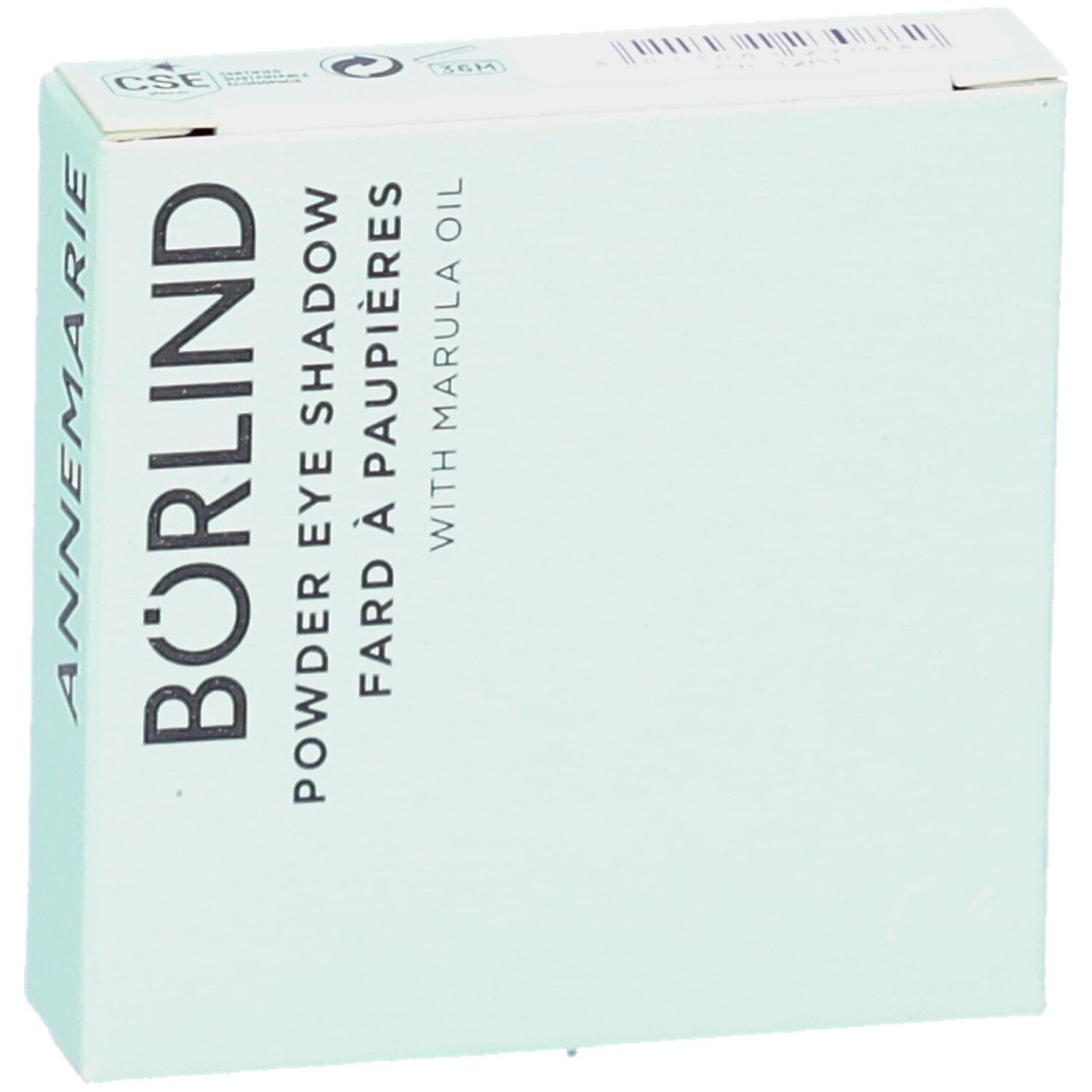 Boîte vert clair avec texte ANNEMARIE BÖRLIND. Désignation: Powder Eye Shadow. Avec huile de Marula. Forme carrée.