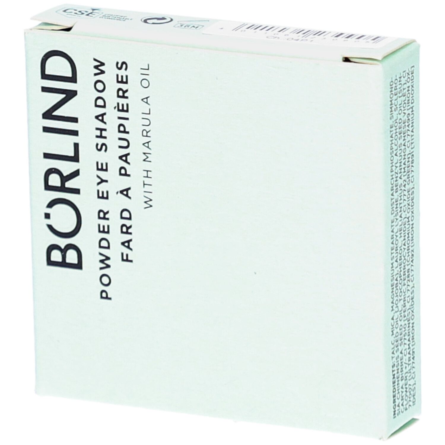 Lichtgroene verpakking. Opschrift BÖRIND, Puderlidschatten, Fard à paupières, with Marula Oil. Logo linksboven.