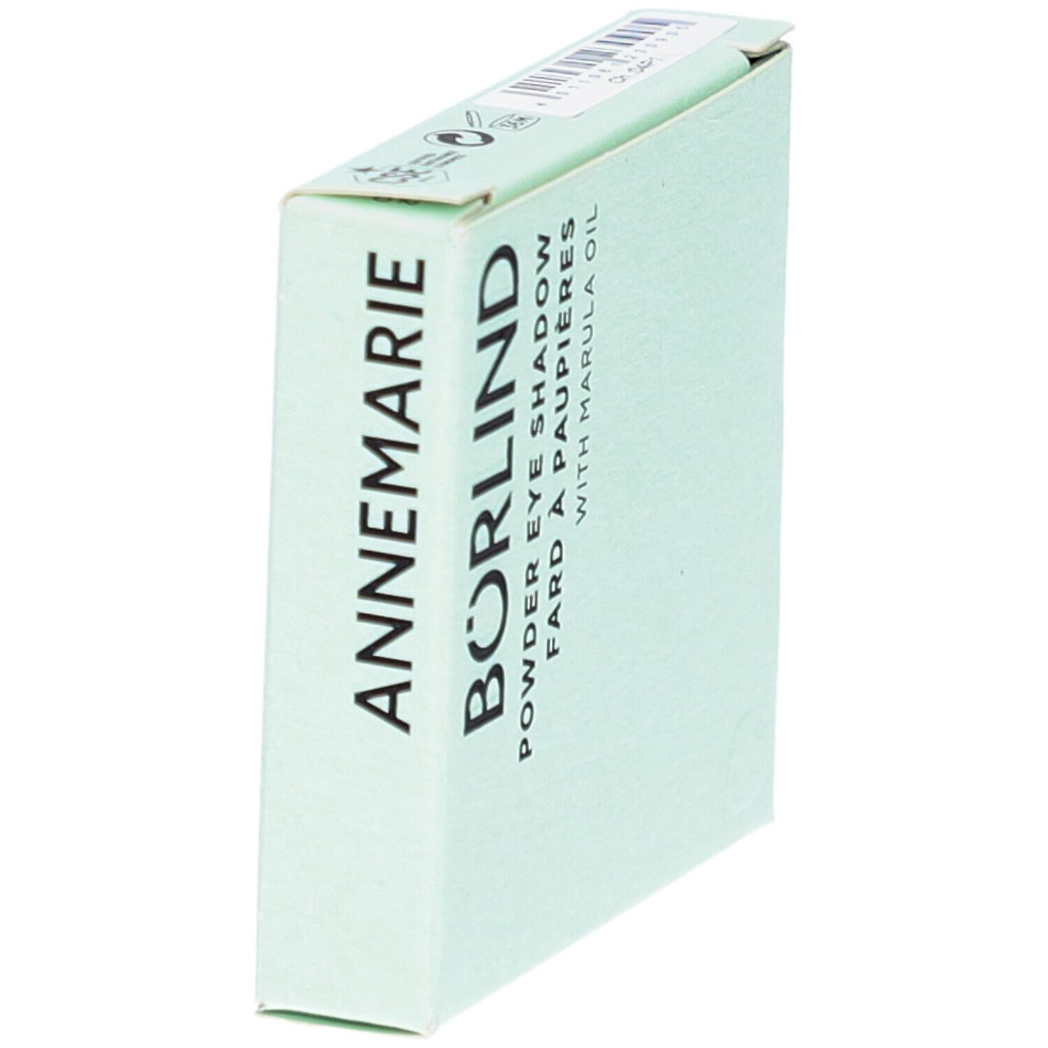 Lichtgroene verpakking. Opschrift ANNEMARIE BÖRLIND, Puderlidschatten, Fard à paupières, with Marula Oil. Schuin.