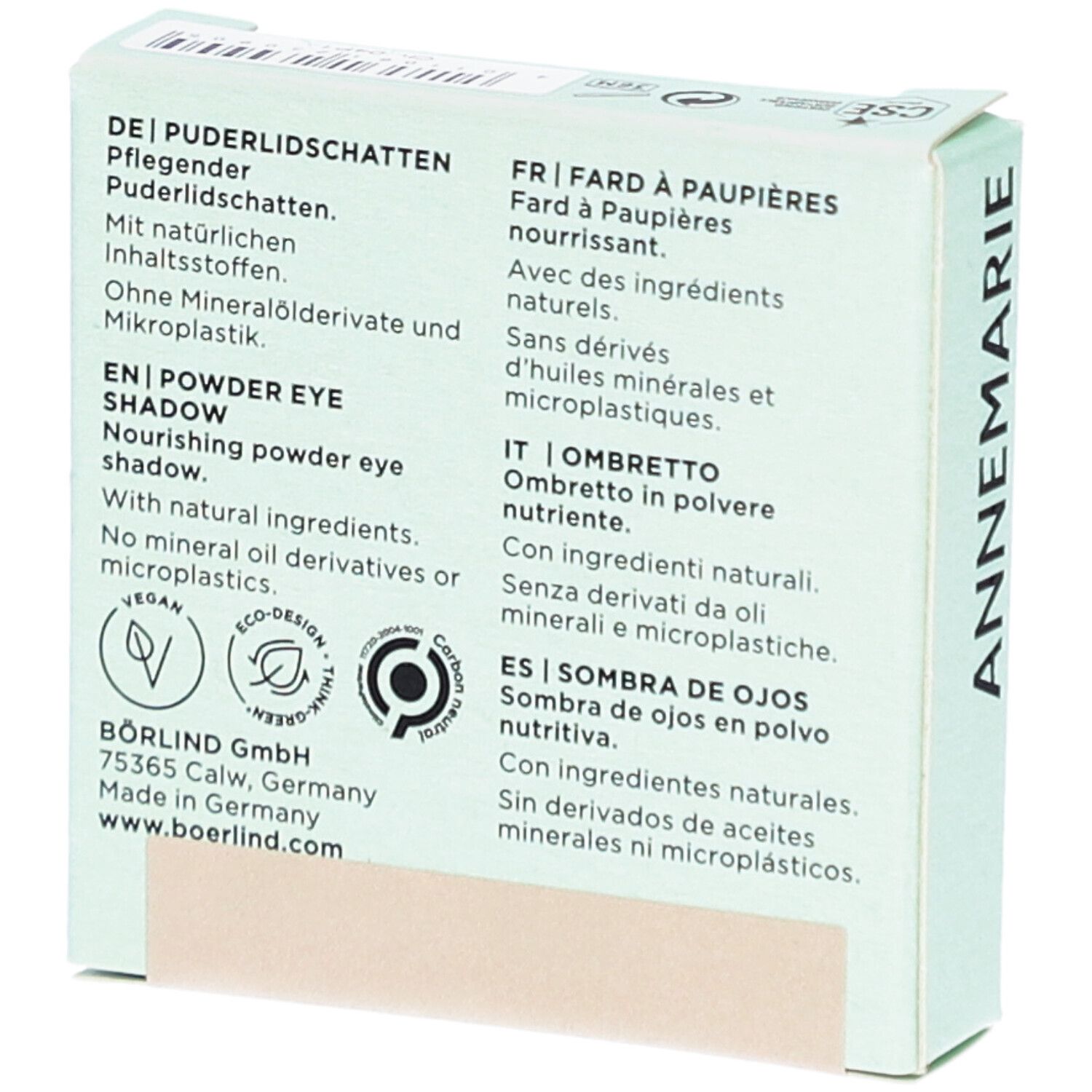 Achterkant van de verpakking. Tekst in het Duits, Engels, Frans, Italiaans en Spaans. Logo's en adres.