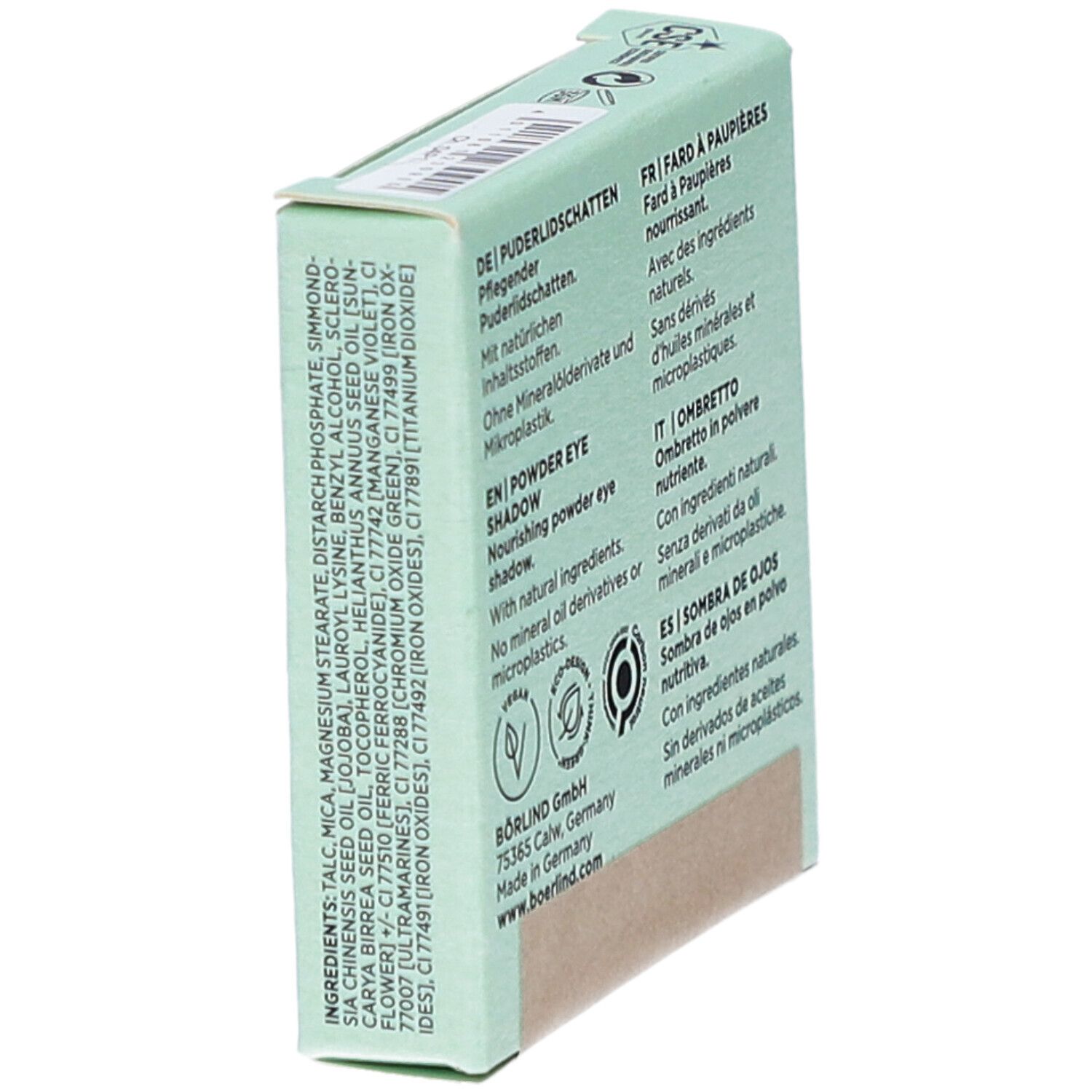 Verpakking schuin. Achterkant met tekst in het Duits, Engels, Frans, Italiaans en Spaans. Ingrediënten.