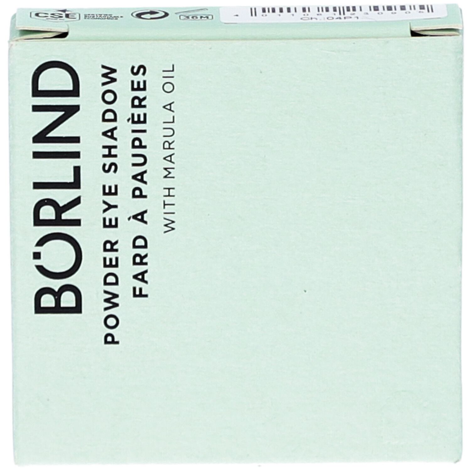 Lichtgroene verpakking. Opschrift BÖRLIND, Puderlidschatten, Fard à paupières, with Marula Oil. Bovenaanzicht.