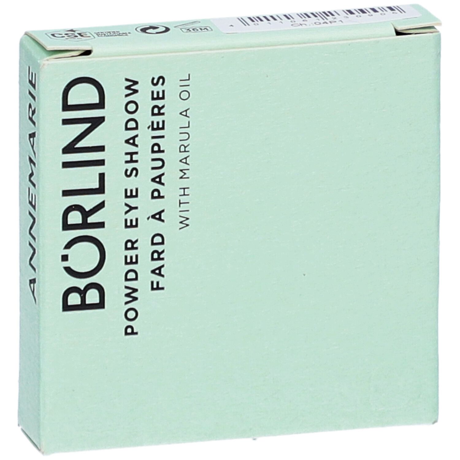 Lichtgroene verpakking. Opschrift ANNEMARIE BÖRLIND, Puderlidschatten, Fard à paupières, with Marula Oil. Bovenaanzicht.