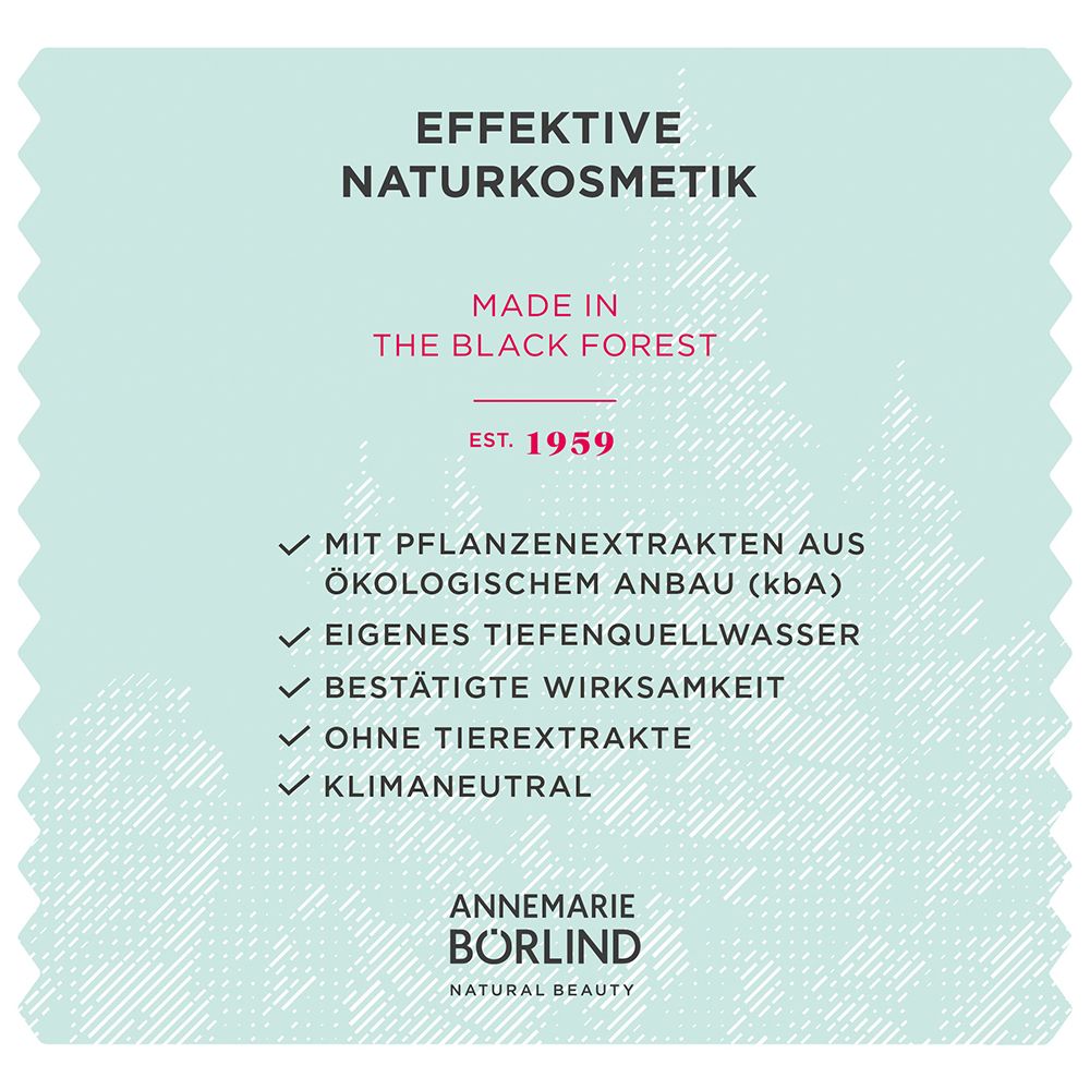 Tekst op lichtblauwe achtergrond: Effectieve natuurlijke cosmetica. Made in the Black Forest. Annemarie Börlind Natural Beauty.