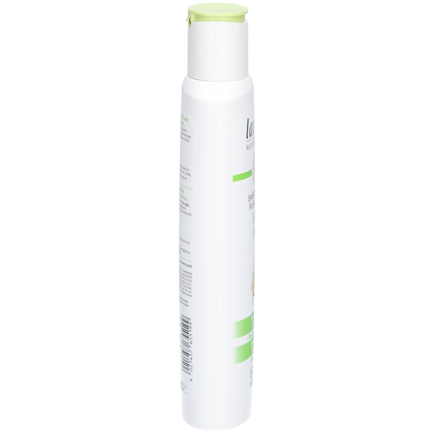 Witte fles, zijaanzicht. Opschrift: lavera, BIO, Pflegeshampoo Familie. Tekst en barcode.