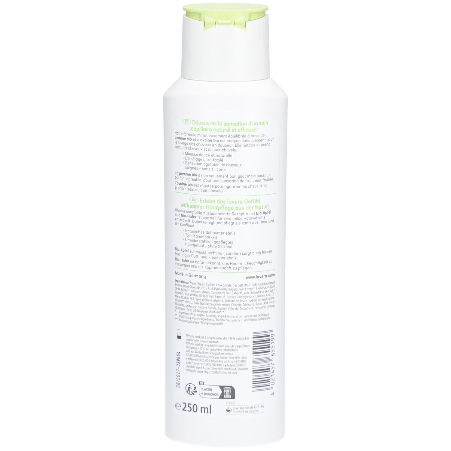 Achterkant van de witte fles. Tekst in meerdere talen. Opschrift: lavera, BIO, Pflegeshampoo Familie. Barcode en certificeringen.