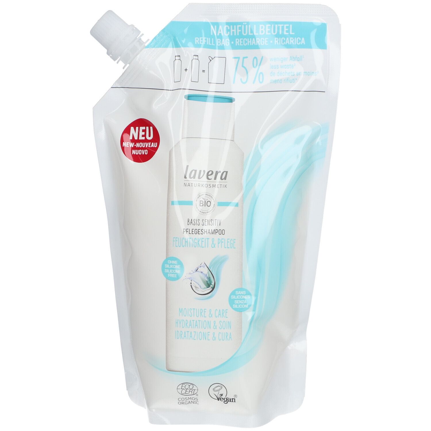 Navulverpakking met productafbeelding. Tekst: lavera, basis sensitiv, Feuchtigkeit & Pflege. Labels: Bio, Vegan. Opdruk: 75%.
