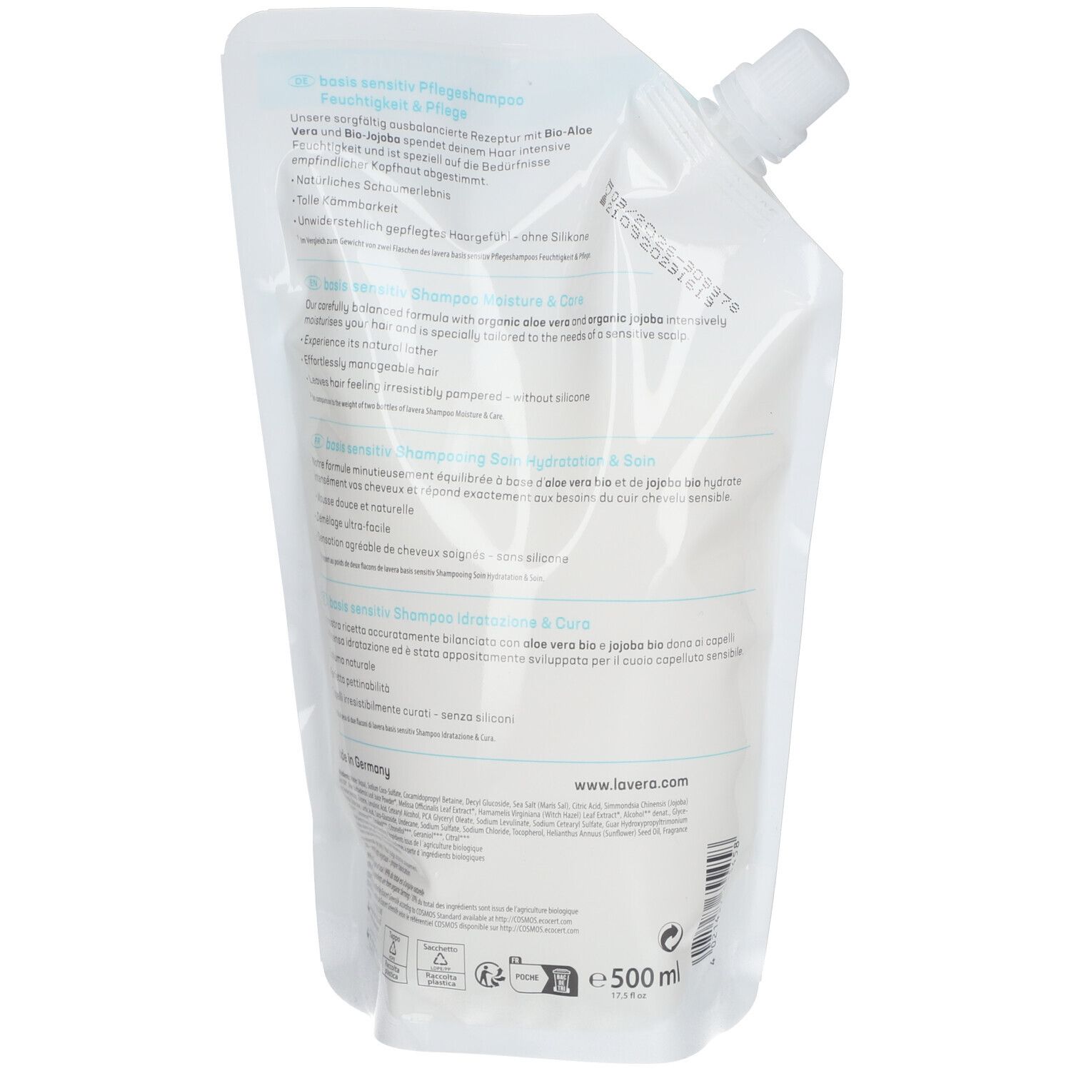 Achterkant van de navulverpakking. Tekst: lavera, basis sensitiv, Feuchtigkeit & Pflege. Label: Vegan. Opdruk: 500 ml.