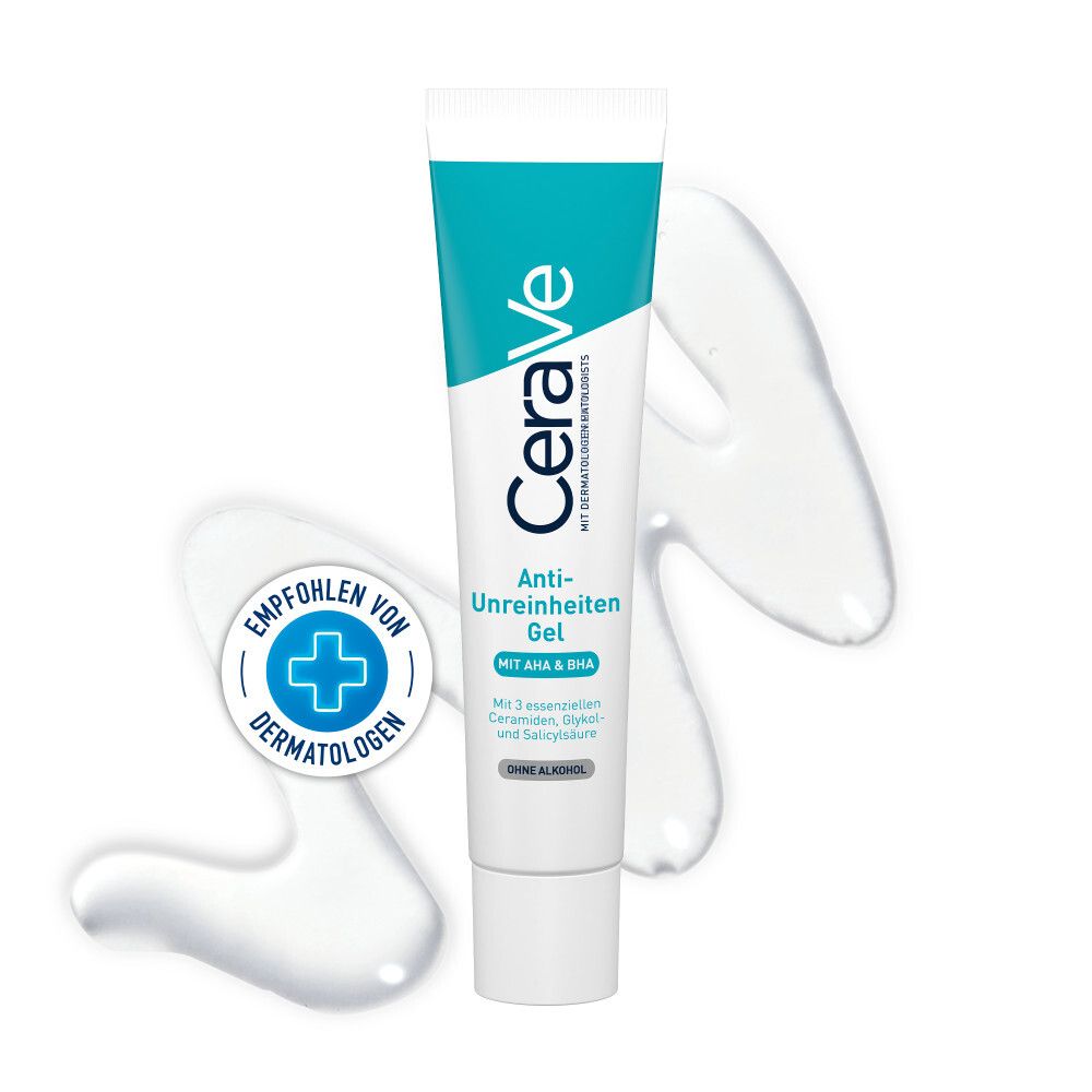 CeraVe Gel Anti-Imperfections. Tube blanche et bleue. Recommandé par les dermatologues. Contient AHA & BHA.