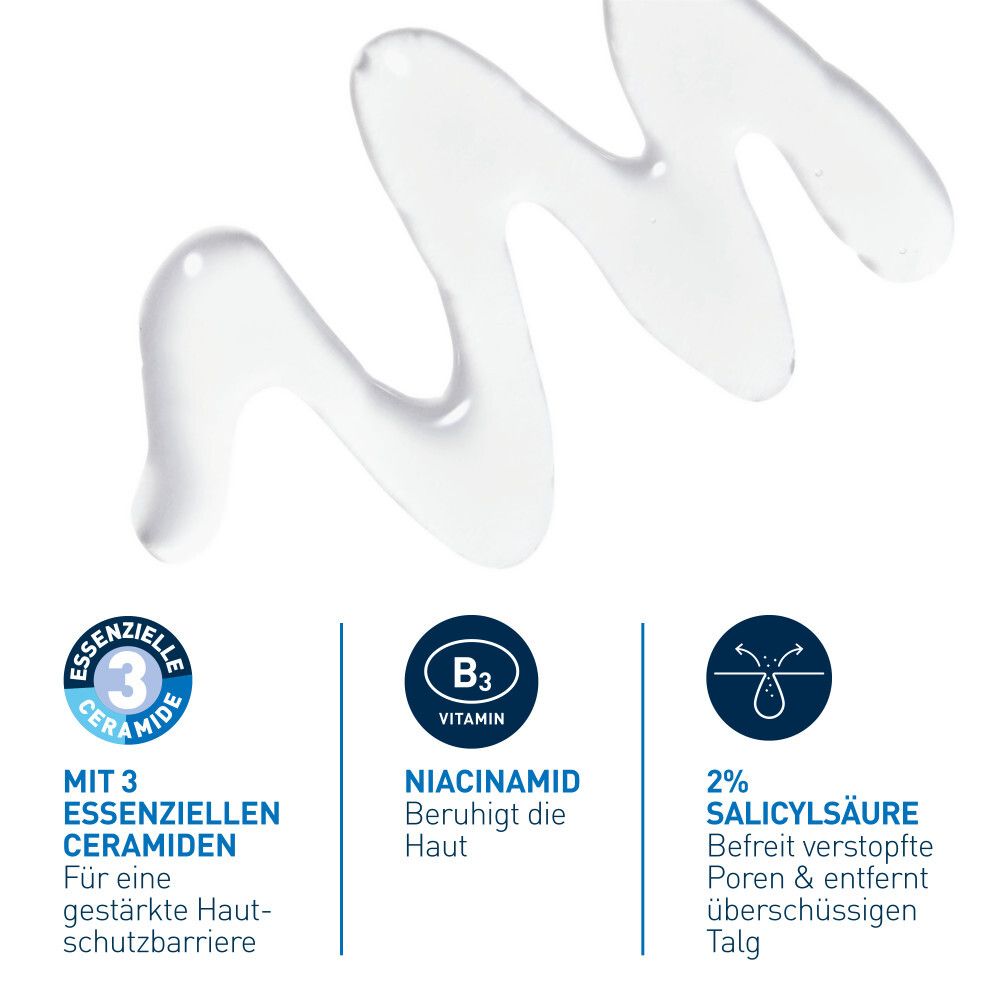 Gros plan sur les ingrédients : 3 céramides essentiels, vitamine B3 (Niacinamide), 2% acide salicylique.