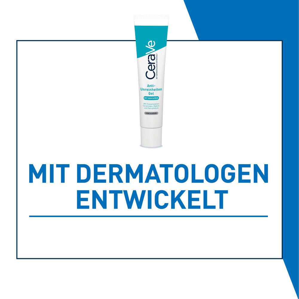 CeraVe Gel Anti-Imperfections. Développé avec des dermatologues. Tube bleu et blanc.
