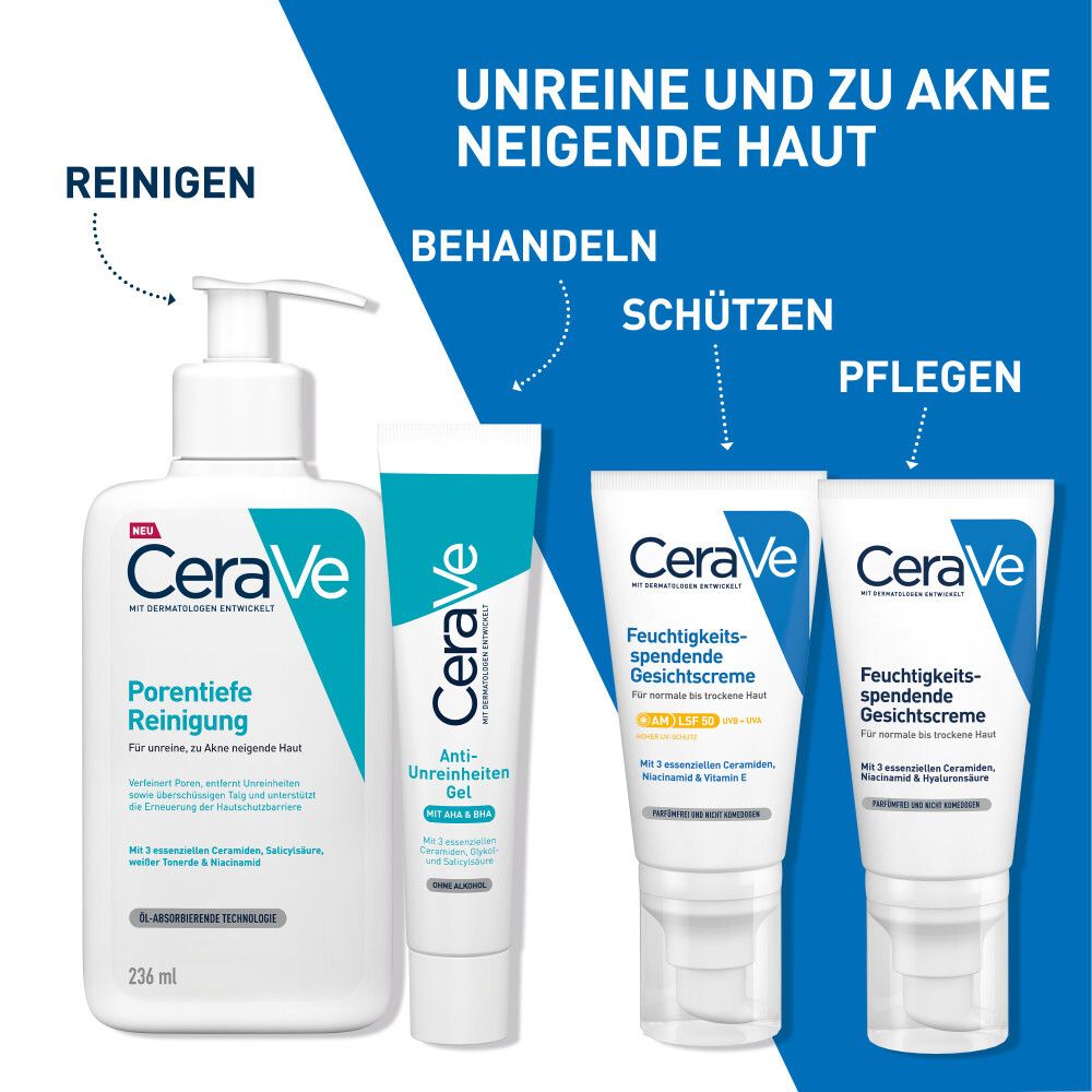 Gamme de produits CeraVe : Nettoyage, Gel Anti-Imperfections, Soin hydratant visage.