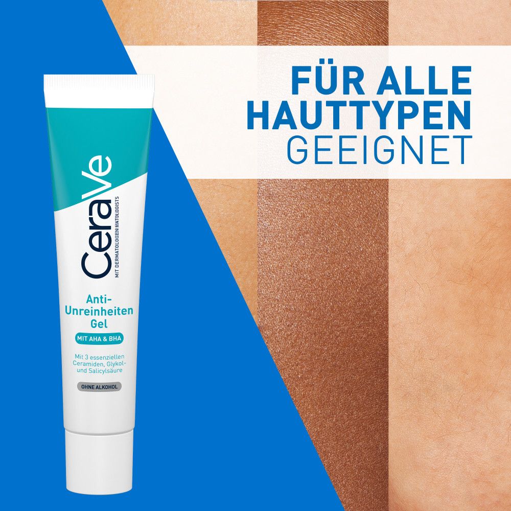CeraVe Gel Anti-Imperfections. Convient à tous les types de peau. Tube bleu et blanc.