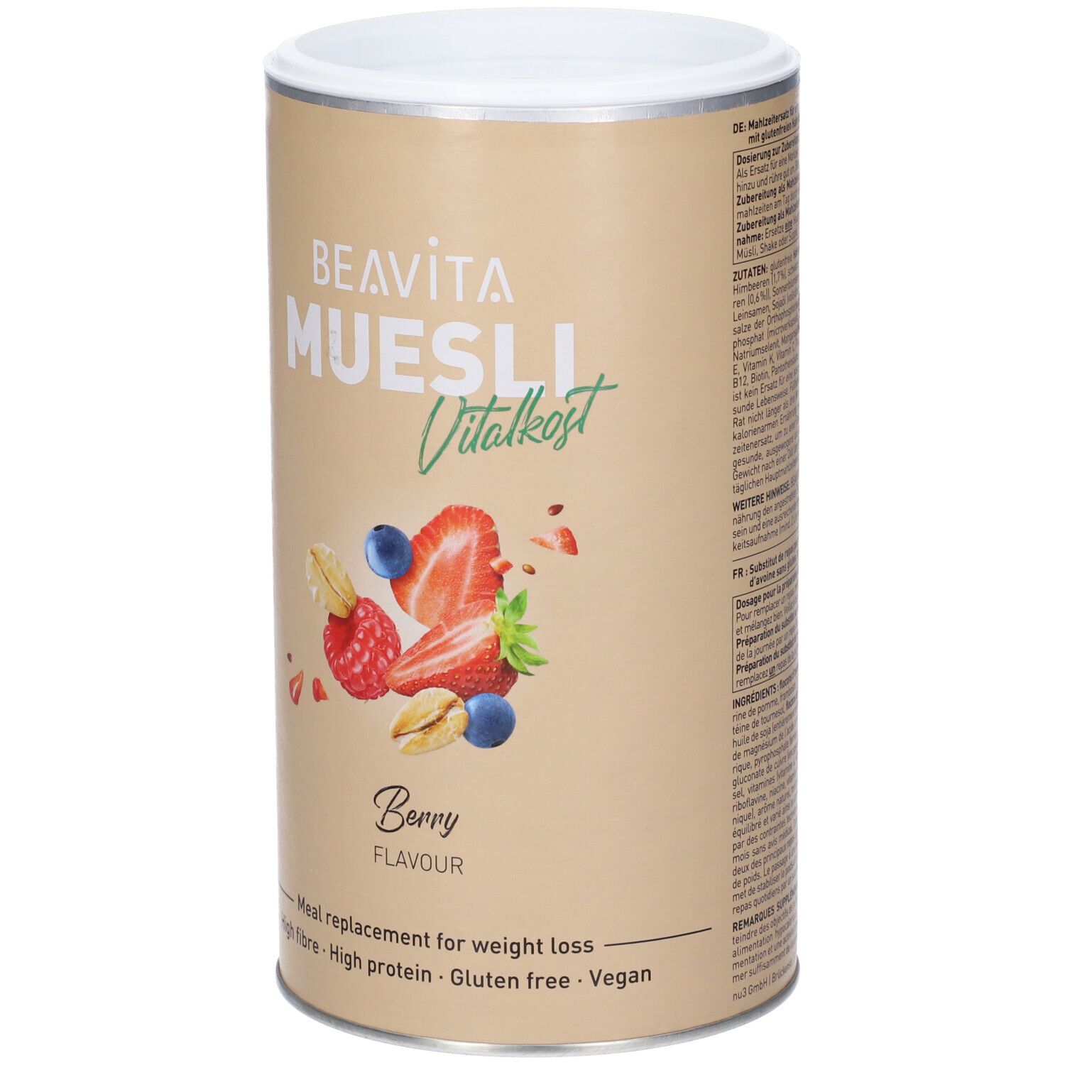 BEAVITA Vitalkost Diät-Müsli, Bessen smaak. Maaltijdvervanger voor gewichtsverlies. Vezelrijk, Eiwitrijk, Glutenvrij, Vegan.