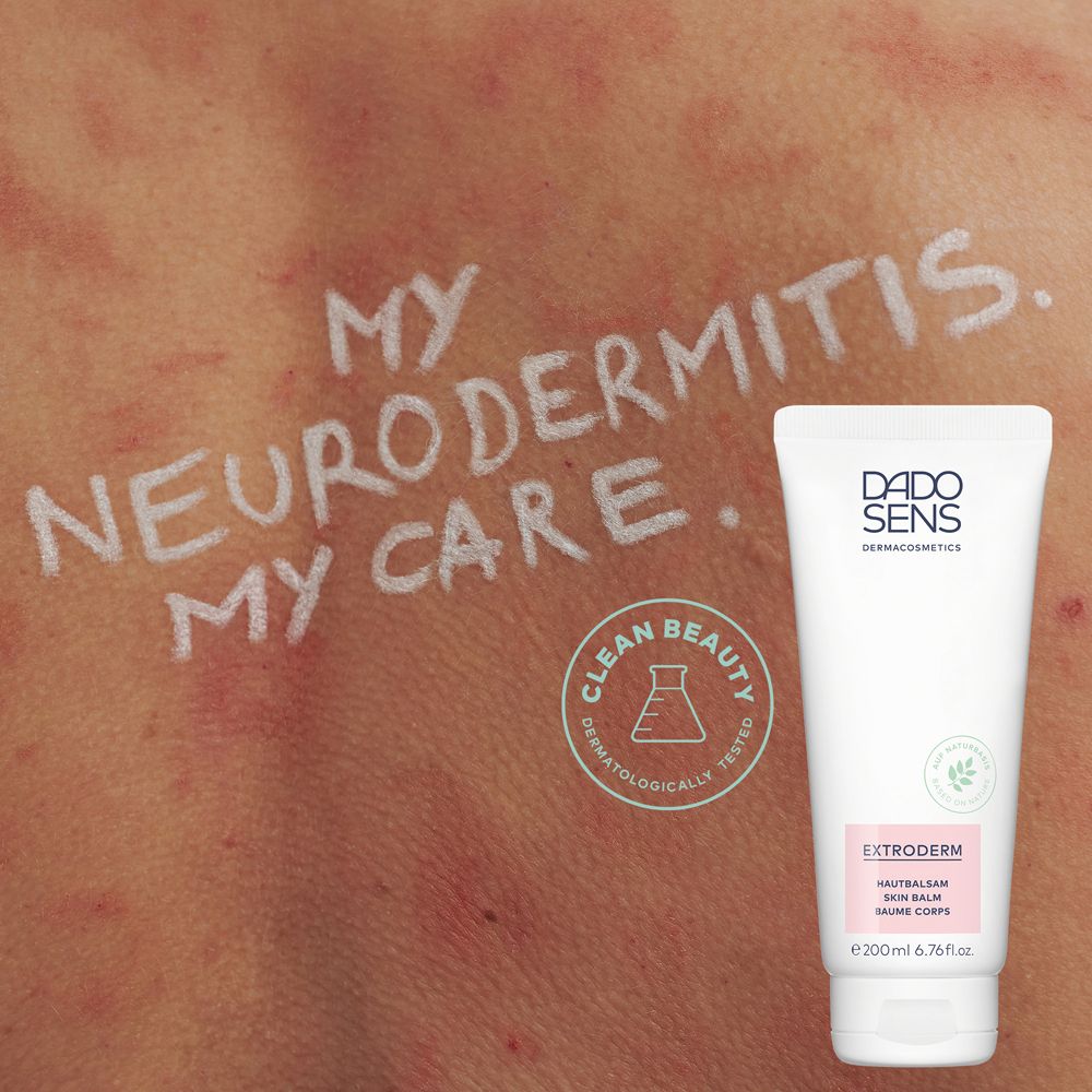 Peau avec rougeurs. Texte : 'MY NEURODERMITIS. MY CARE.' Tube et logo.