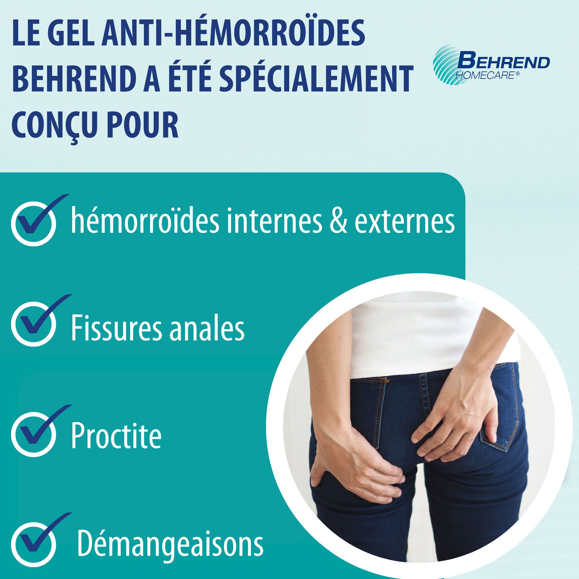 Gel hémorroïdal Behrend réduit douleurs, démangeaisons, brûlures. Produit et emballage.