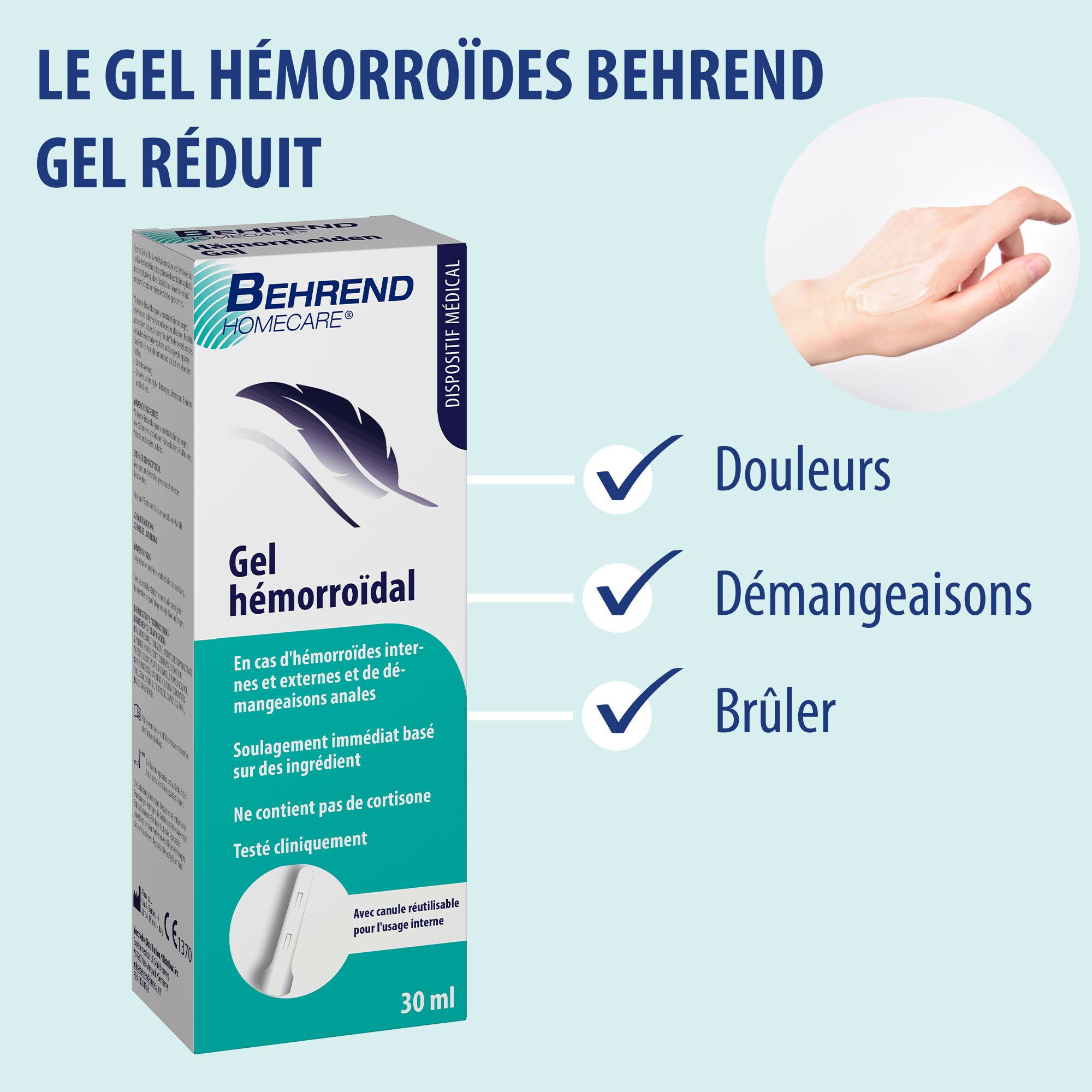 Gel hémorroïdal Behrend soutient soulagement immédiat, régénération, peau saine. Texte.