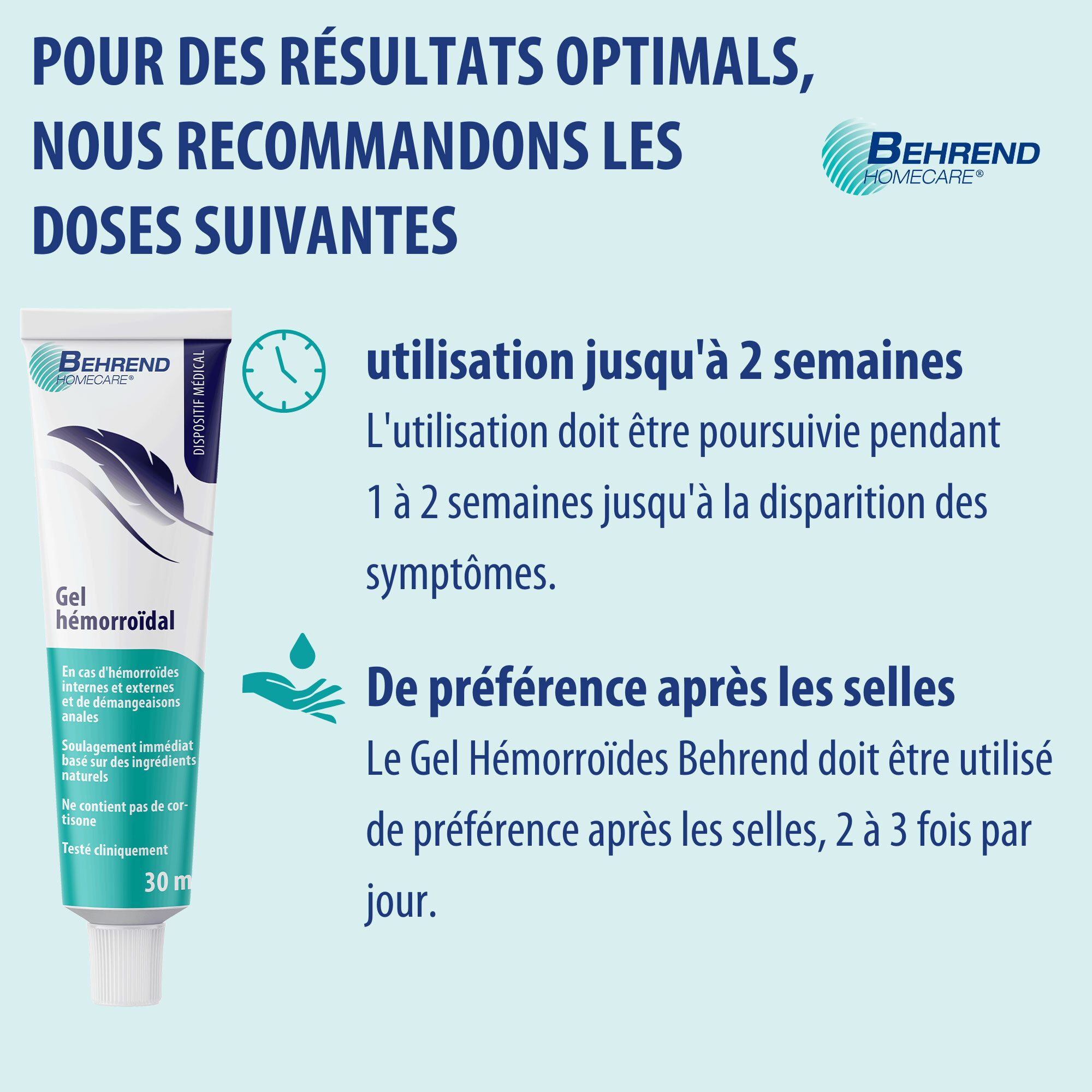 Gel hémorroïdal Behrend, ingrédients: pas de cortisone, parabènes, silicones, tests animaux. Texte.