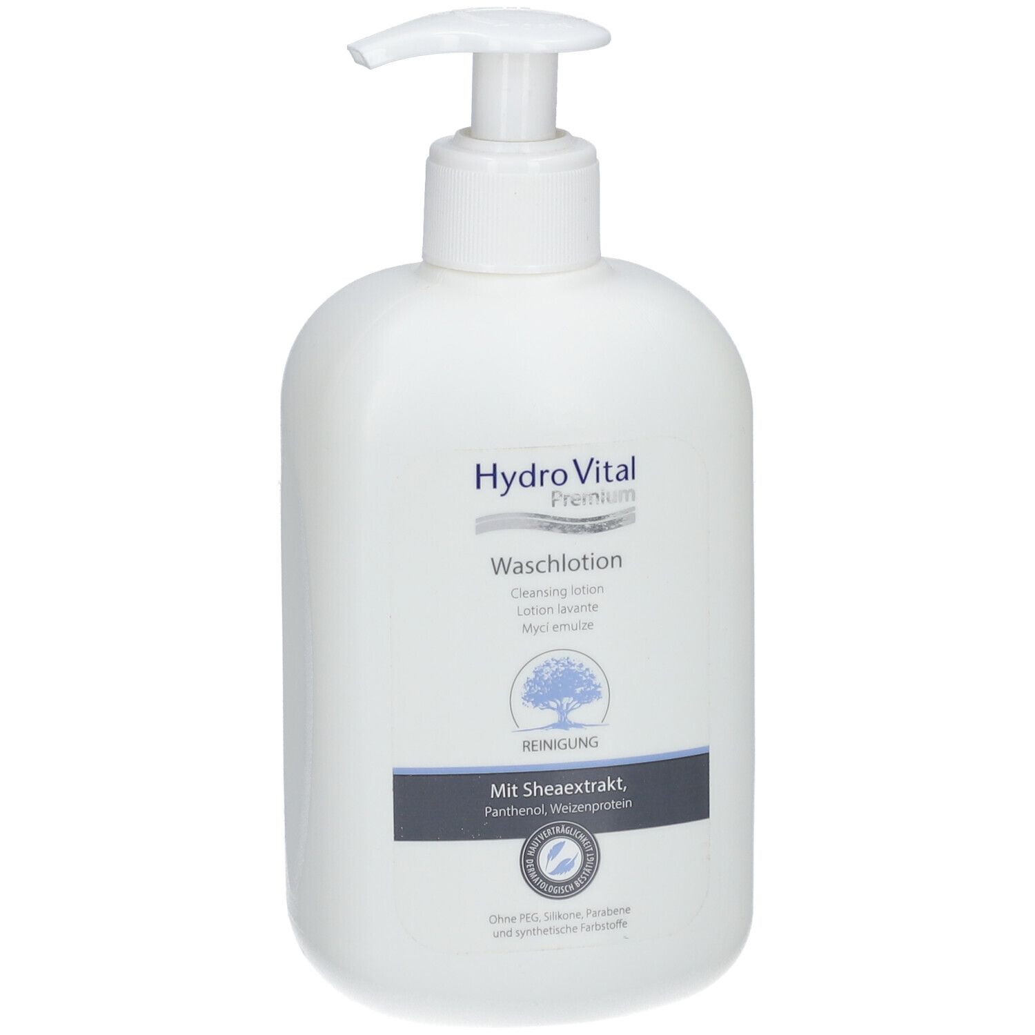 Witte fles met pomp. Opschrift: Hydro Vital Premium Waschlotion. Met shea-extract, panthenol, tarwe-eiwit.