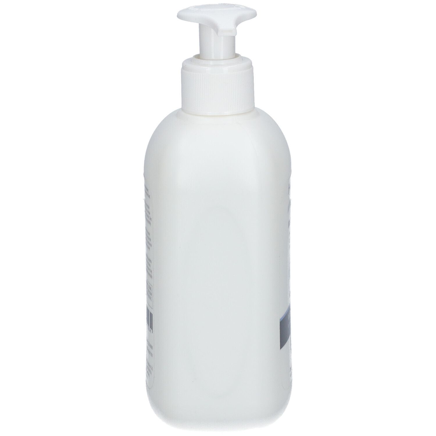 Witte fles met pomp. Zijaanzicht. Geen verdere details zichtbaar.