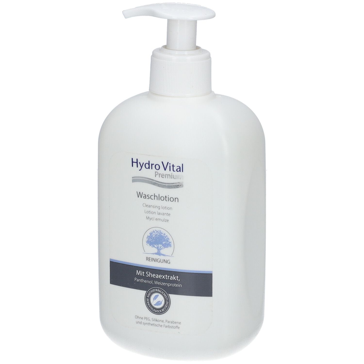 Witte fles met pomp. Opschrift: Hydro Vital Premium Waschlotion. Met shea-extract, panthenol, tarwe-eiwit.