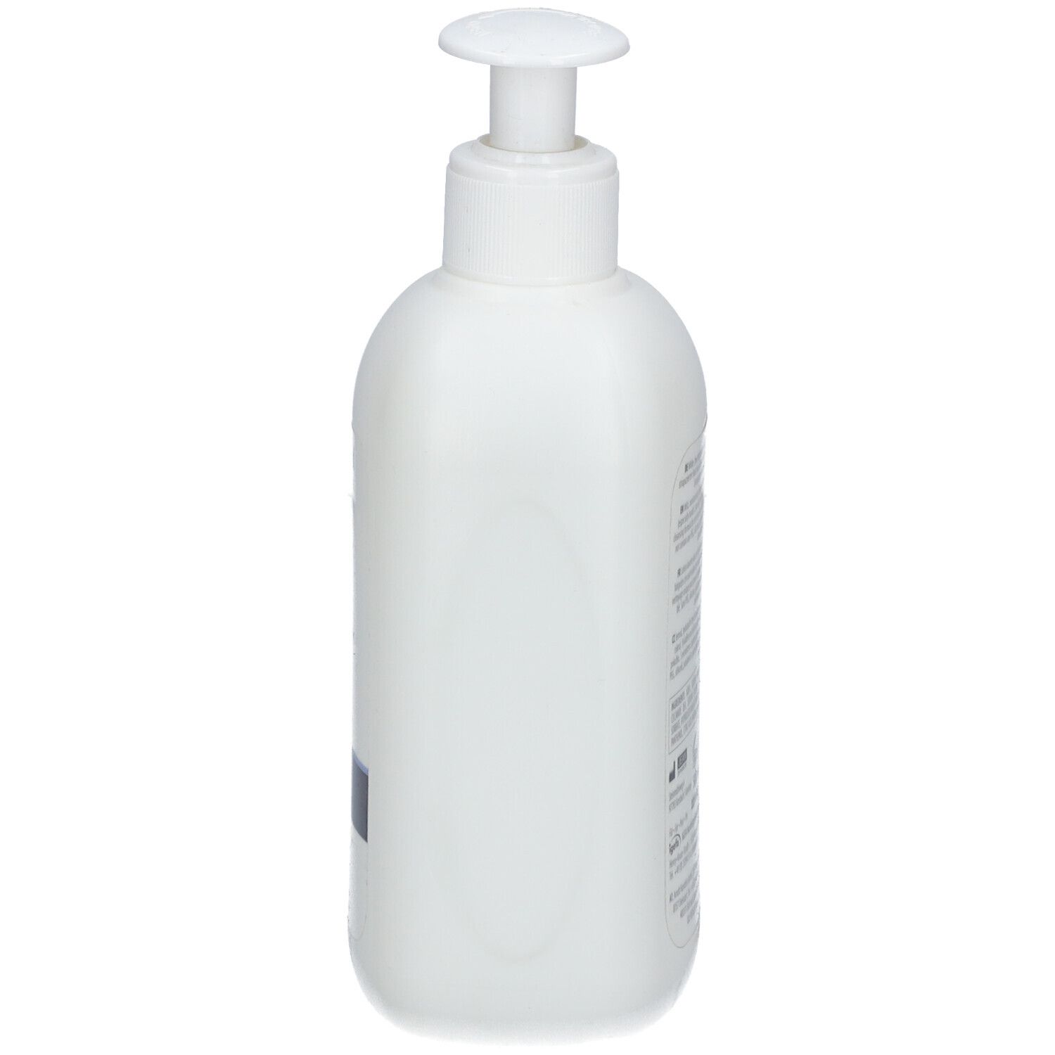 Witte fles met pomp. Zijaanzicht. Geen verdere details zichtbaar.