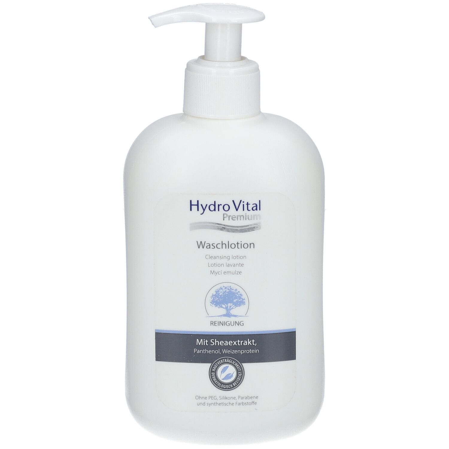 Witte fles met pomp. Opschrift: Hydro Vital Premium Waschlotion. Met shea-extract, panthenol, tarwe-eiwit.