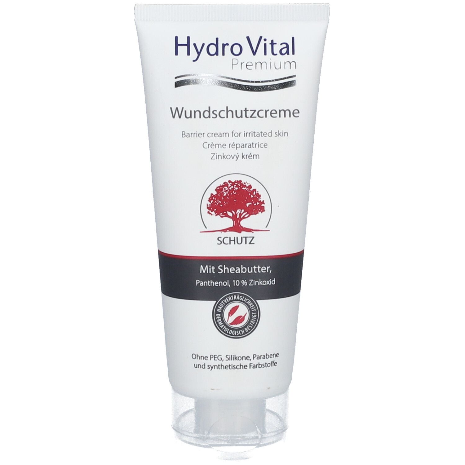 Tube Hydro Vital Premium Wundschutzcreme. Wit, met rood logo en tekst. Bevat sheaboter, panthenol, zinkoxide.