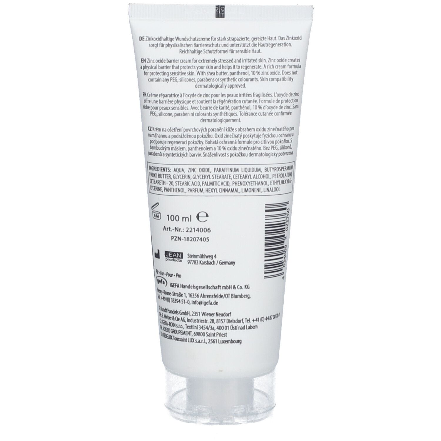 Achterkant van de tube Hydro Vital Premium Wundschutzcreme. Bevat tekst, ingrediënten en fabrikant informatie.