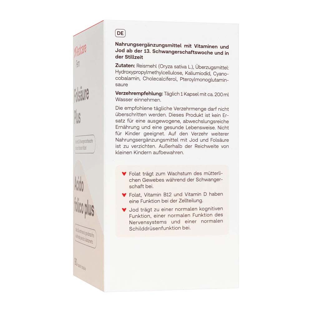 Dos de la boîte Redcare Fem Folsäure Plus. Texte : Complément alimentaire avec vitamines et iode.