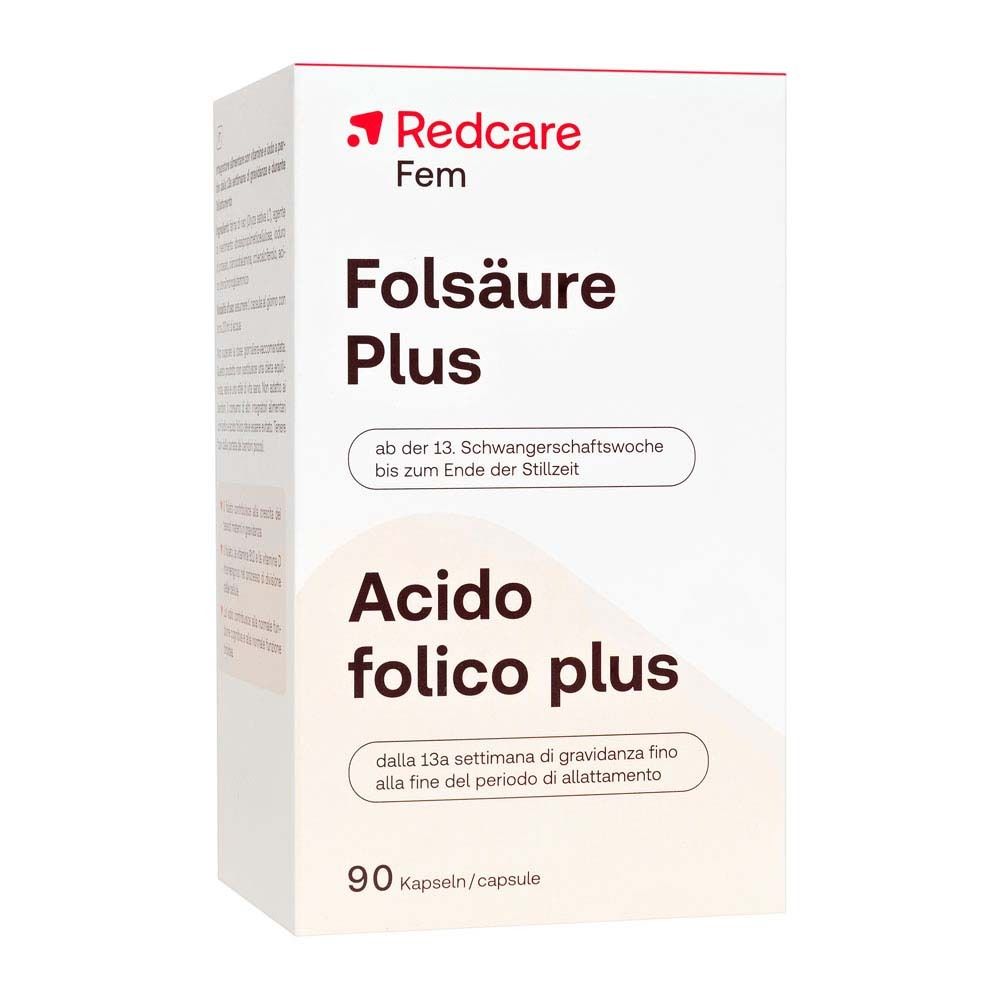 Boîte Redcare Fem Folsäure Plus. Contient 90 gélules. Texte : Folsäure Plus, à partir de la 13e semaine.