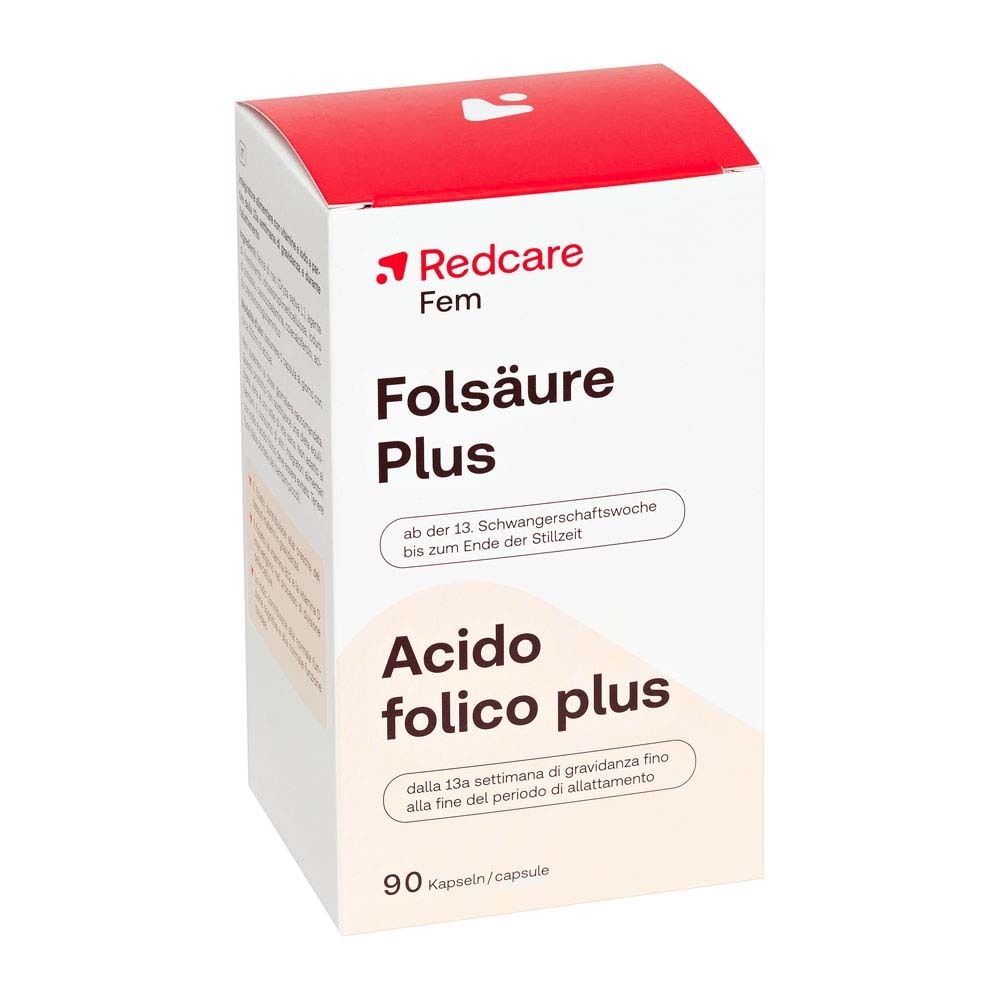 Boîte Redcare Fem Folsäure Plus. Contient 90 gélules. Texte : Folsäure Plus, à partir de la 13e semaine.