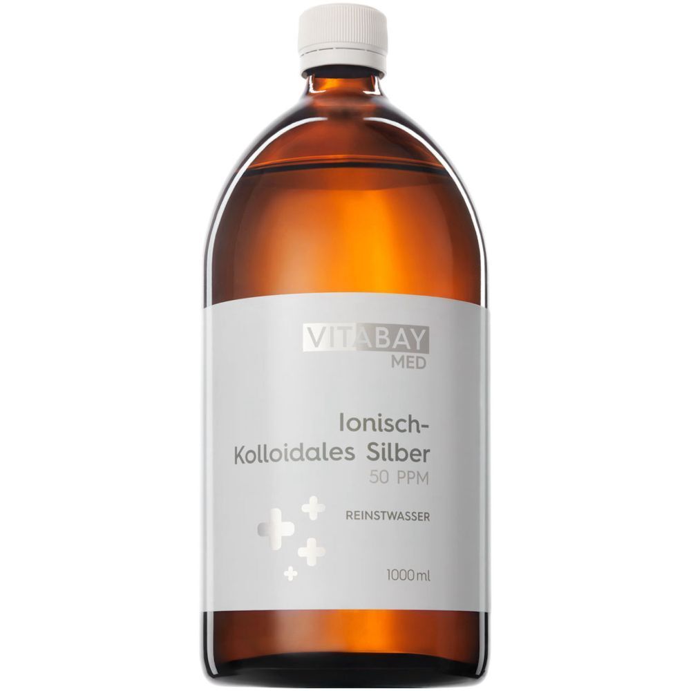Flacon en verre brun avec étiquette blanche. Texte: Argent colloïdal ionique 50 PPM, 1000ml. Bouchon blanc.
