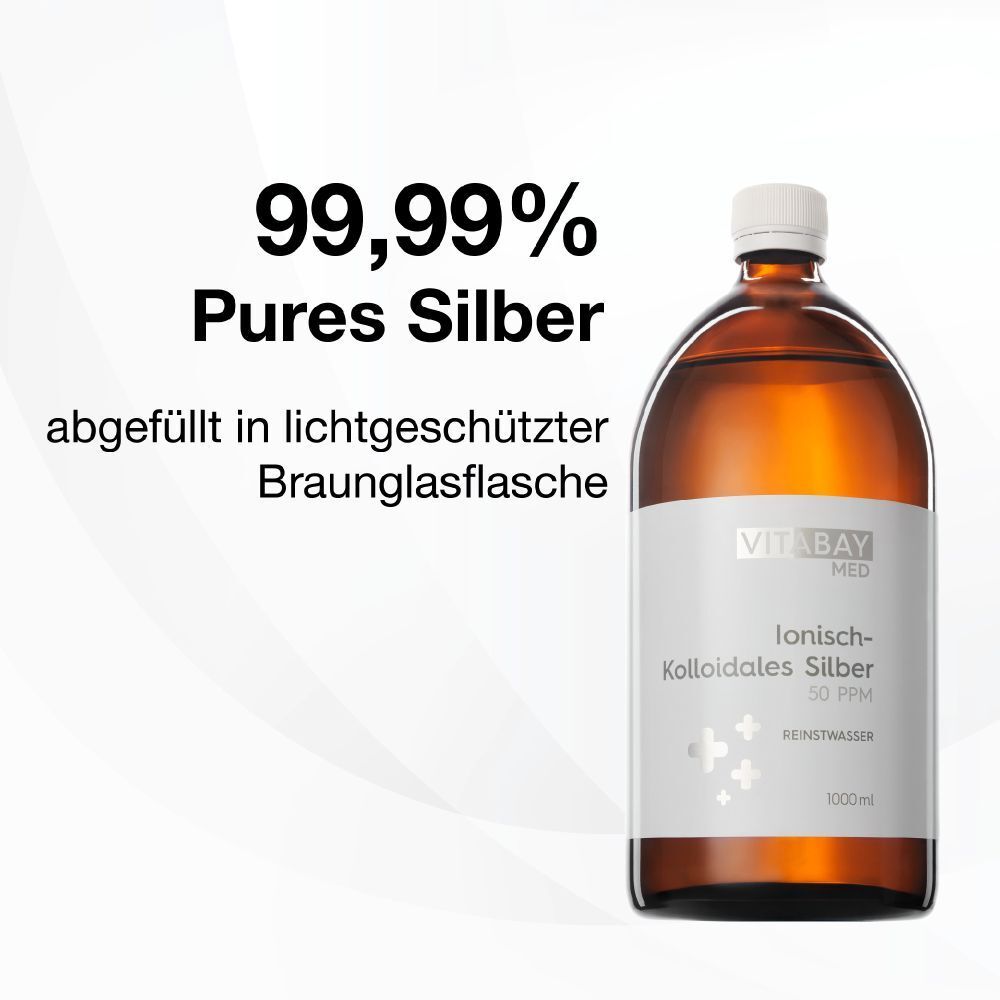 Flacon en verre brun avec étiquette blanche. Texte: 99,99% argent pur, rempli dans un flacon en verre brun. 1000ml.