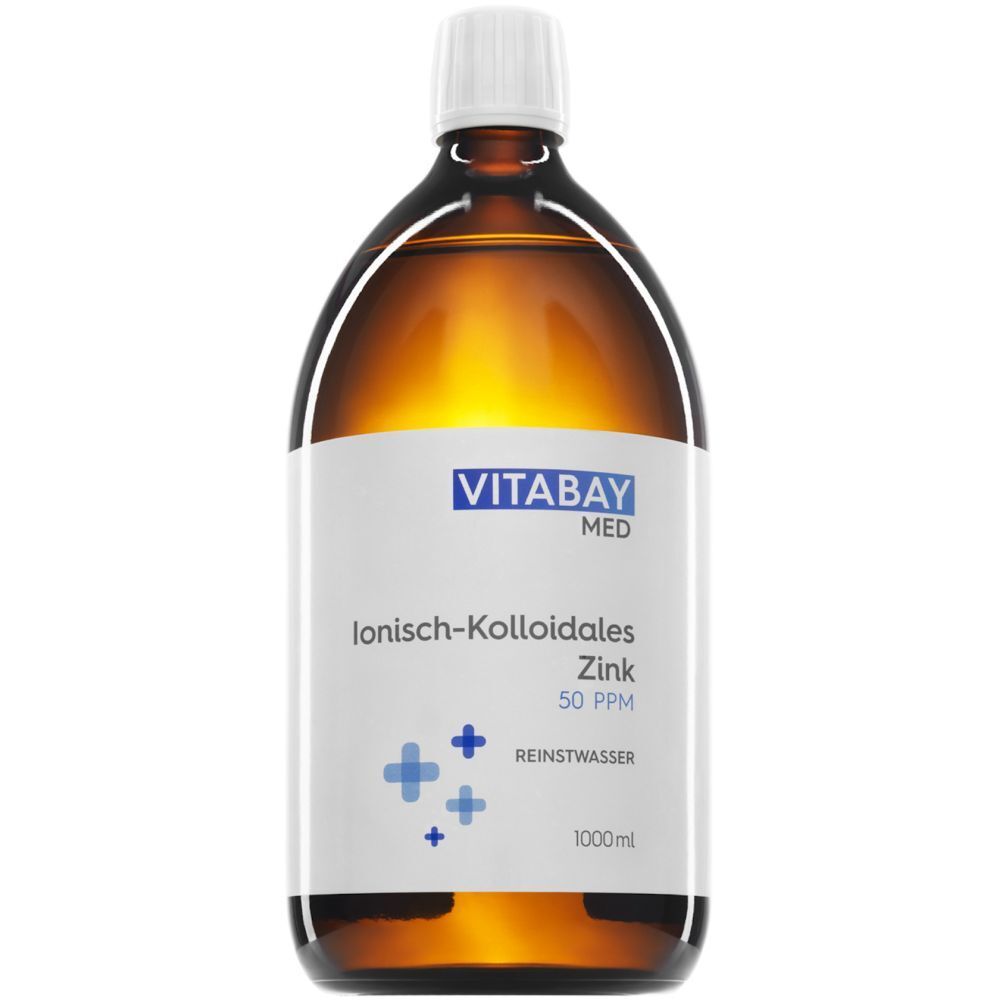 Bruine glazen fles met wit etiket. Opschrift: Vitabay Med, ionisch-colloïdaal zink 50 PPM, zuiver water, 1000ml.