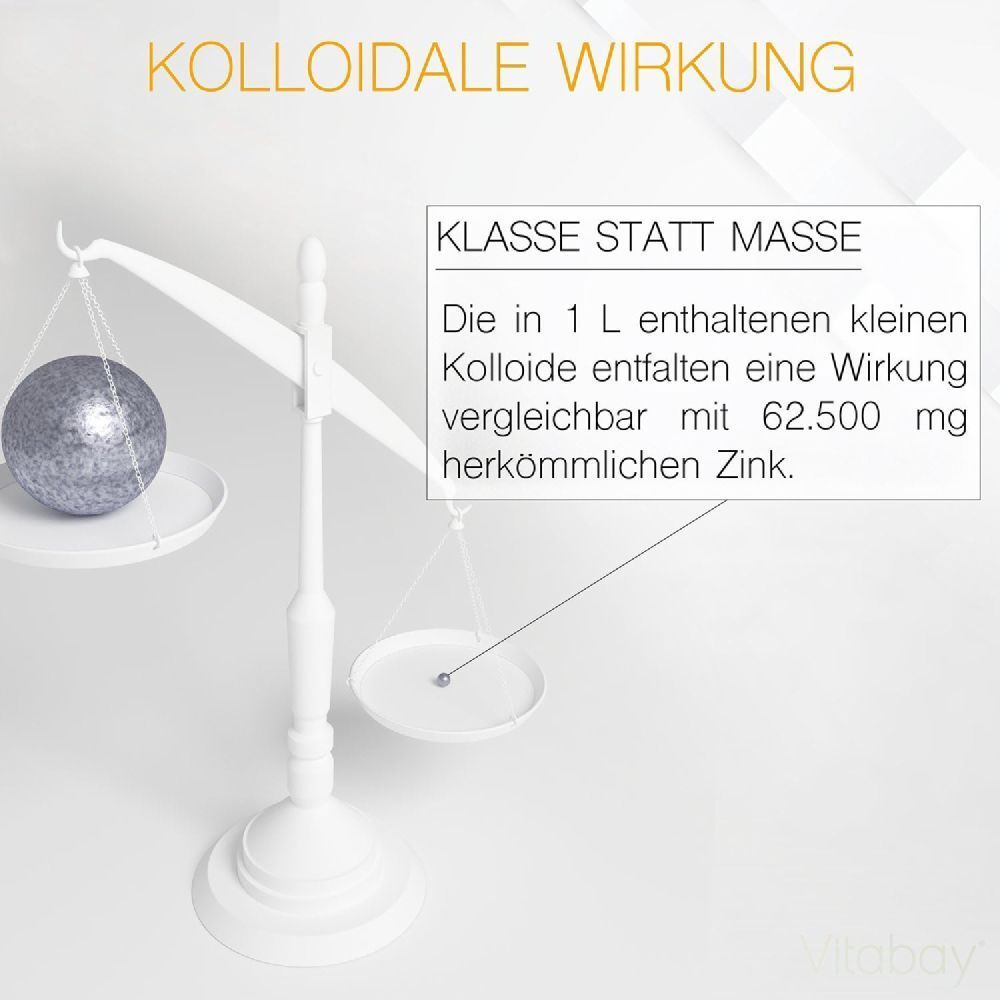Weegschaal met een bol en tekst: Klasse in plaats van massa. De colloïden in 1 L komen overeen met 62.500 mg conventioneel zink.