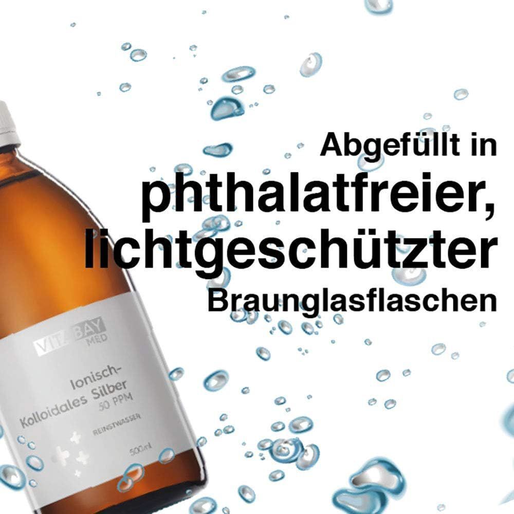 Bruine glazen fles met etiket. Tekst: ftalaatvrije, lichtbeschermde bruine glazen flessen. Product: ionisch-colloïdaal zilver 30 PPM.